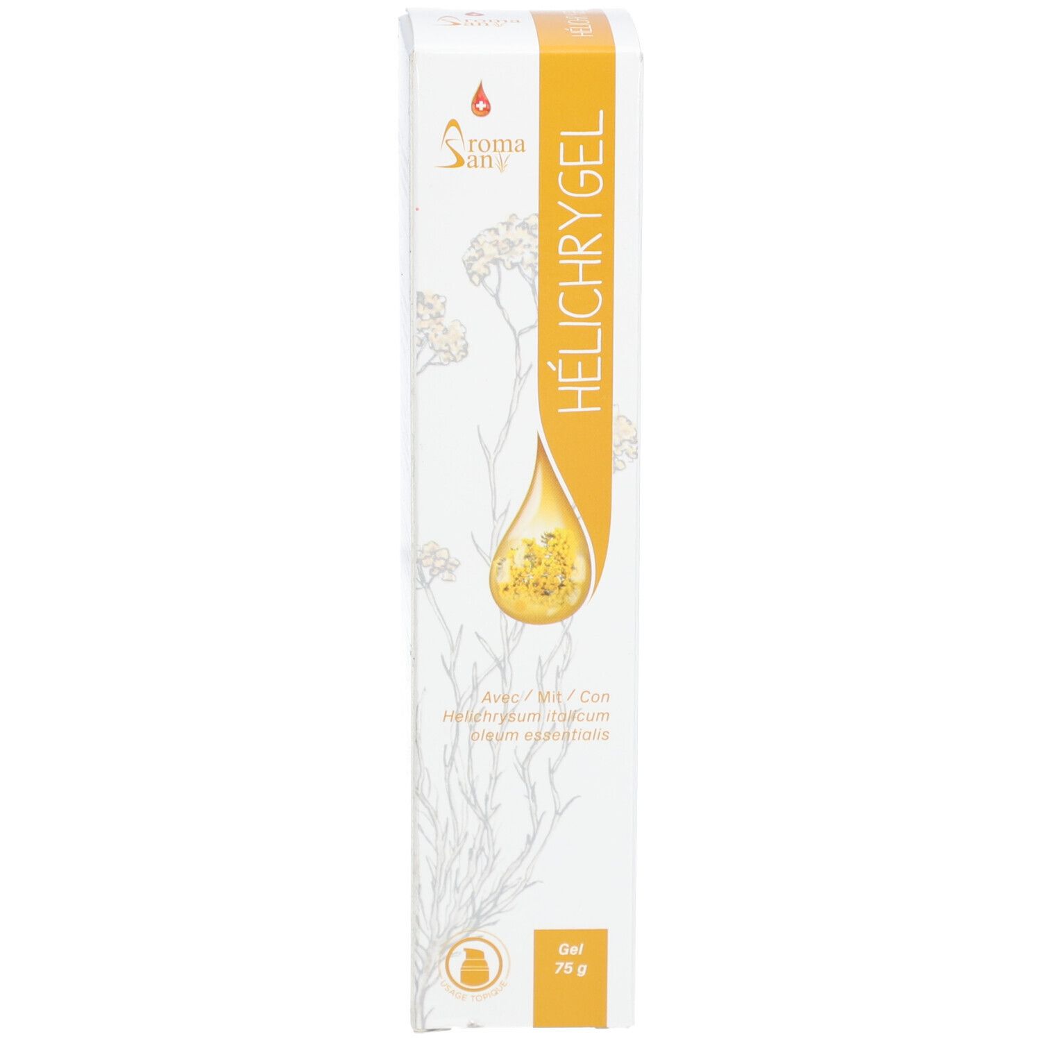 Productverpakking. Opschrift: Aroma San, HÉLICHRYGEL. Gel met helichrysumolie. 75 g.