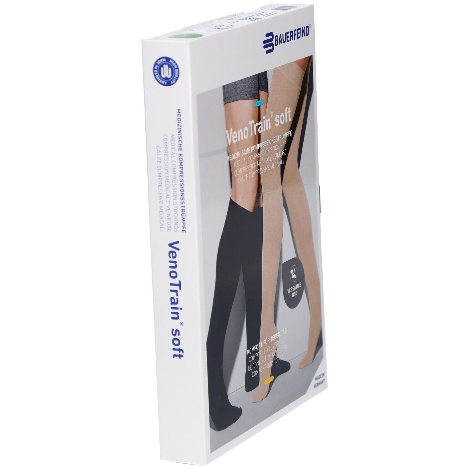 Verpackung mit Kompressionsstrümpfen. Aufdruck: VenoTrain soft, medizinische Kompressionsstrümpfe. Marke Bauerfeind. Perspektivische Ansicht.