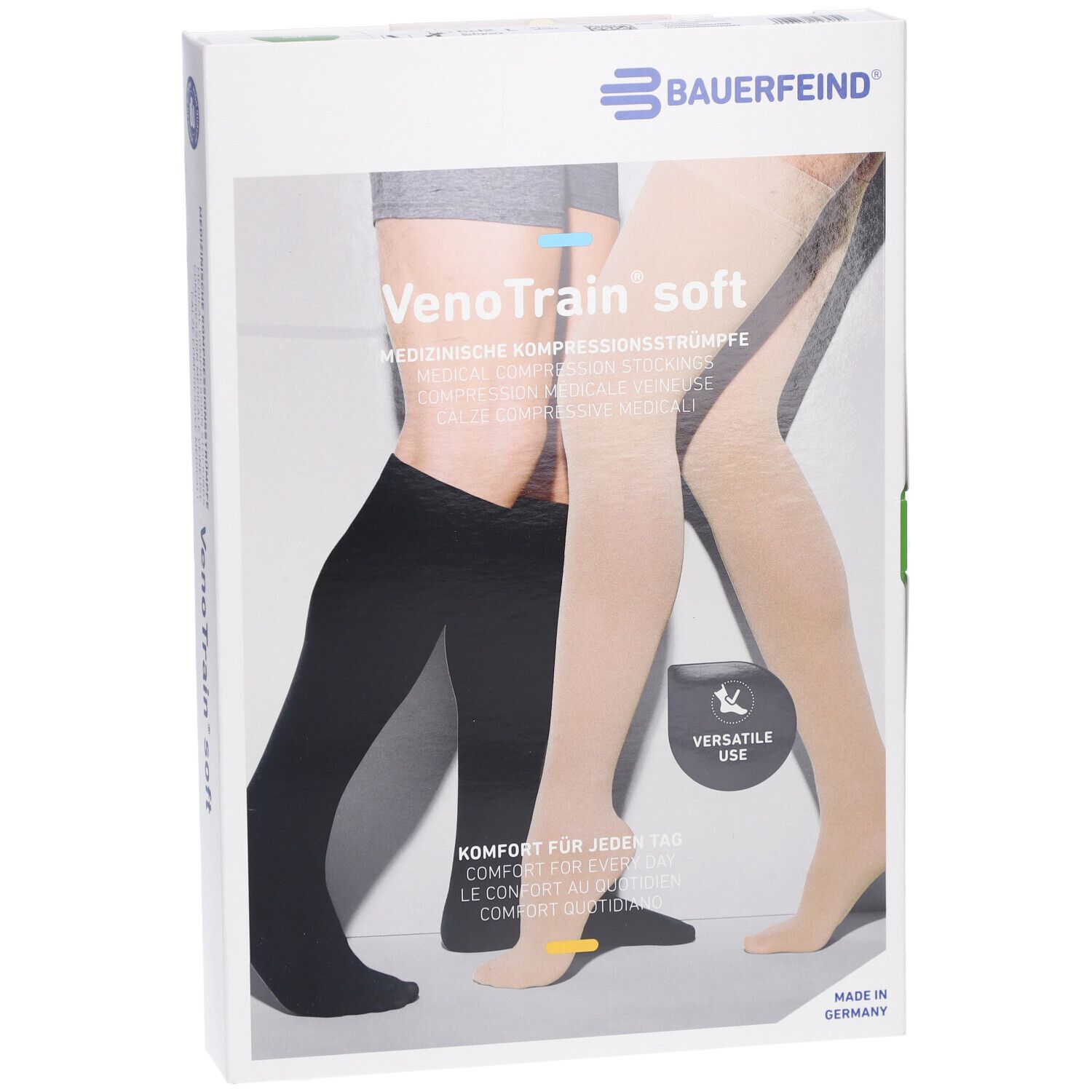 Verpackung mit Kompressionsstrümpfen. Aufdruck: VenoTrain soft, medizinische Kompressionsstrümpfe. Marke Bauerfeind. Perspektivische Ansicht.