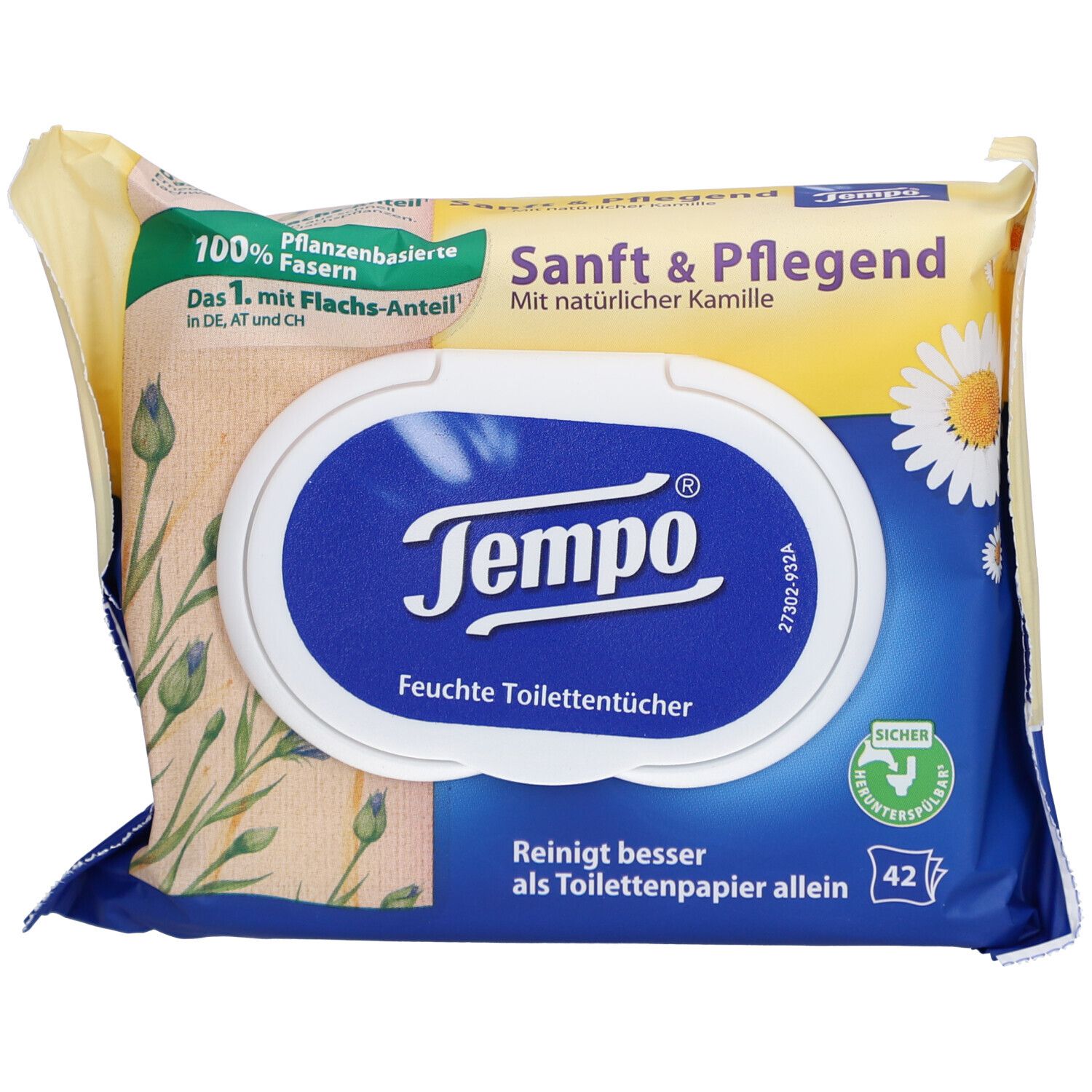 Packung feuchtes Toilettenpapier. "Tempo"-Logo, "Sanft & Pflegend"-Schriftzug. 42 Tücher. Mit Kamille. Siegel: "Sicher".