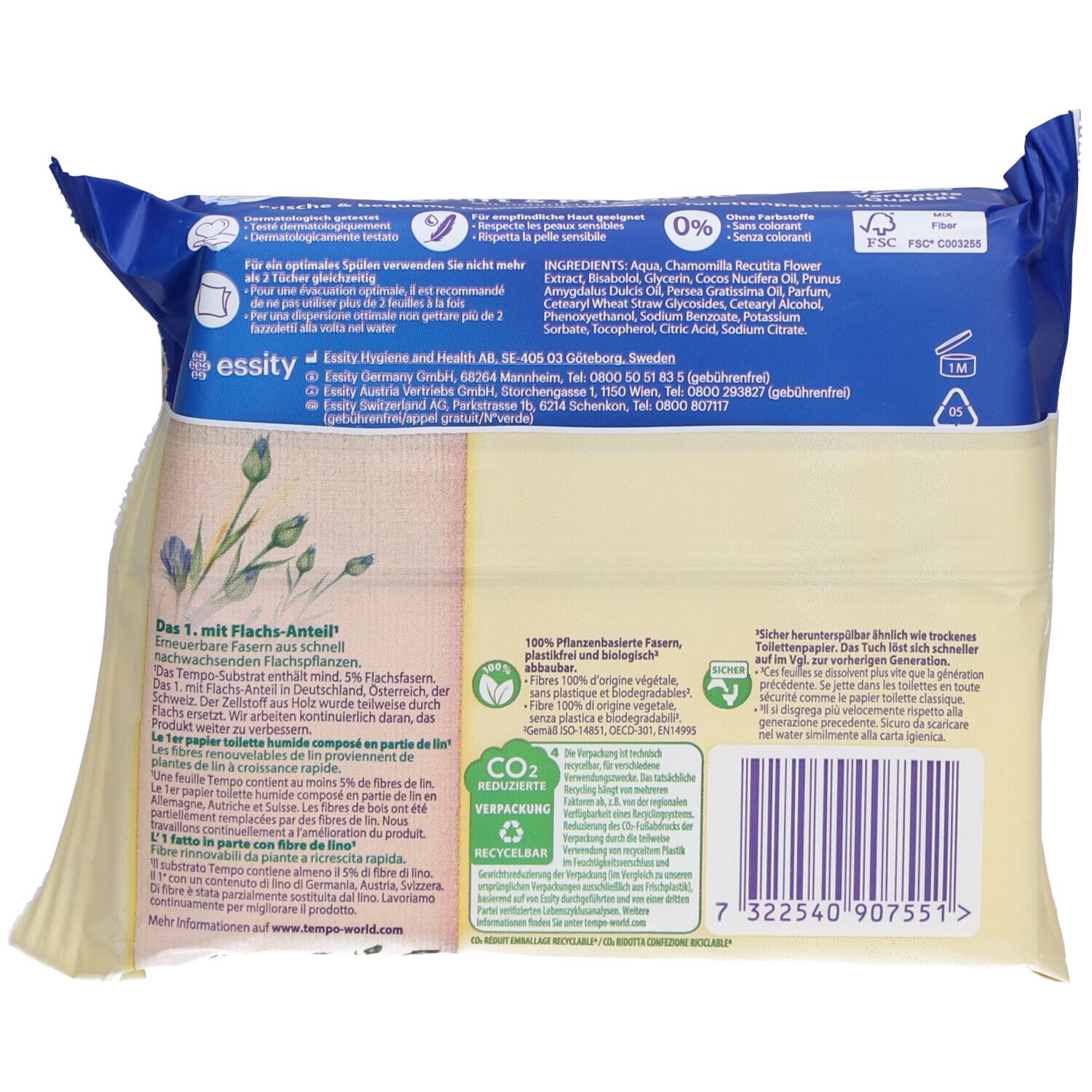 Rückseite der Packung feuchtes Toilettenpapier. Text, Inhaltsstoffe, Recycling-Symbol, FSC-Siegel. 100% pflanzenbasiert.
