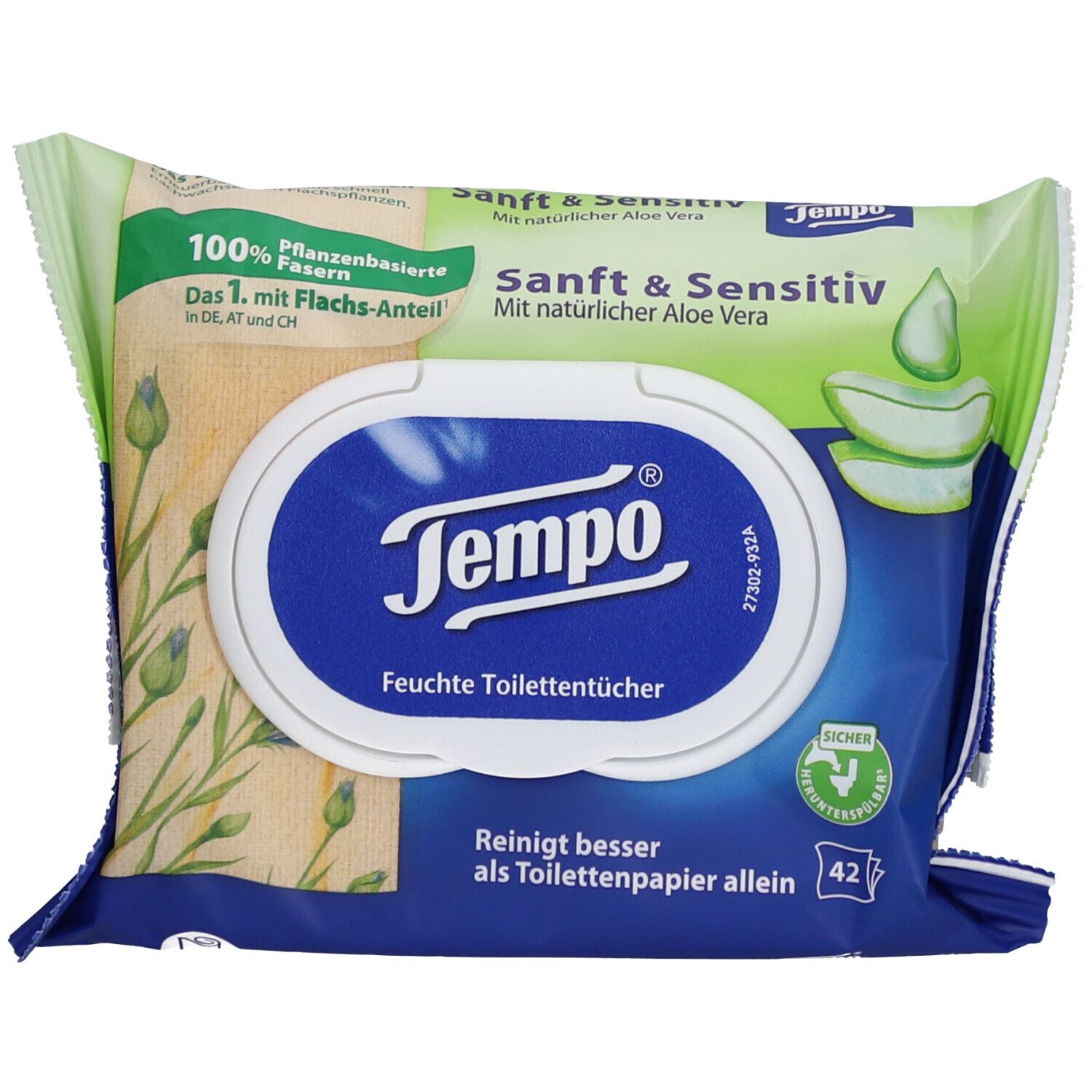 Packung Tempo Feuchte Toilettentücher Sanft & Sensitiv. Blaue und grüne Verpackung mit Logo und Text. 42 Tücher.