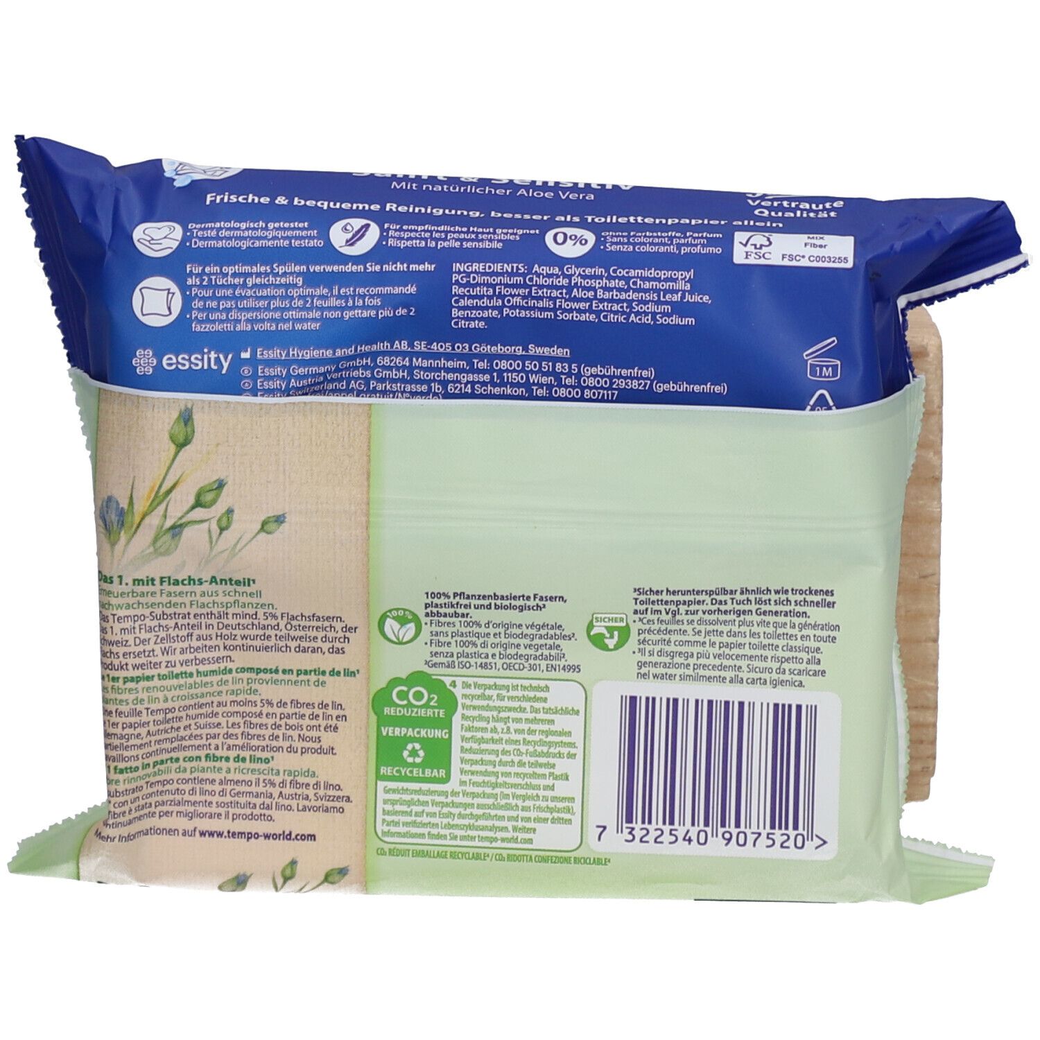 Rückseite der Packung Tempo Feuchte Toilettentücher. Text, Inhaltsstoffe, Logo, Recycling-Symbol. Grüne und blaue Farben.