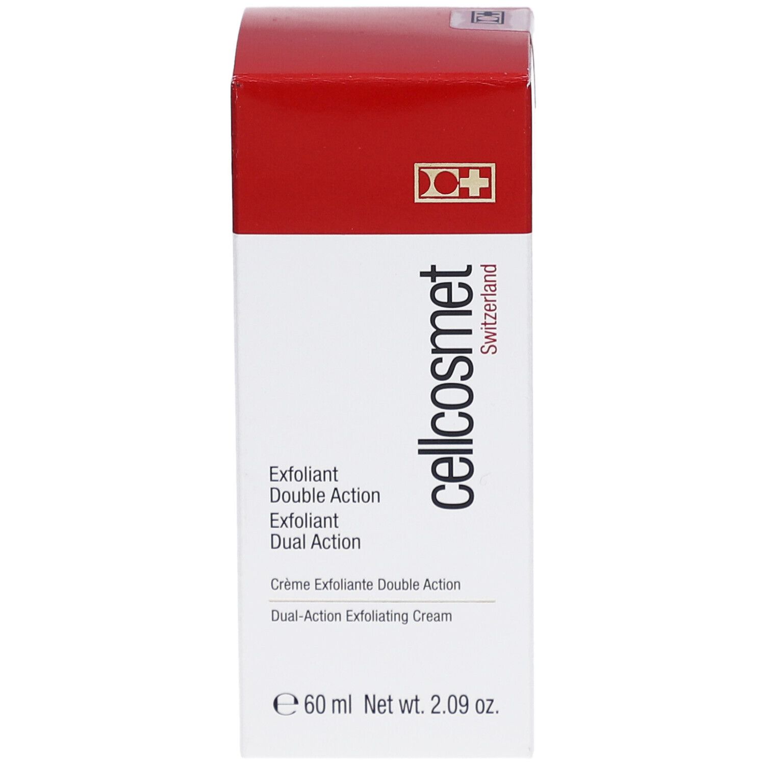 Cellcosmet Exfoliant Double Action Creme in roter und weißer Verpackung. 60 ml.