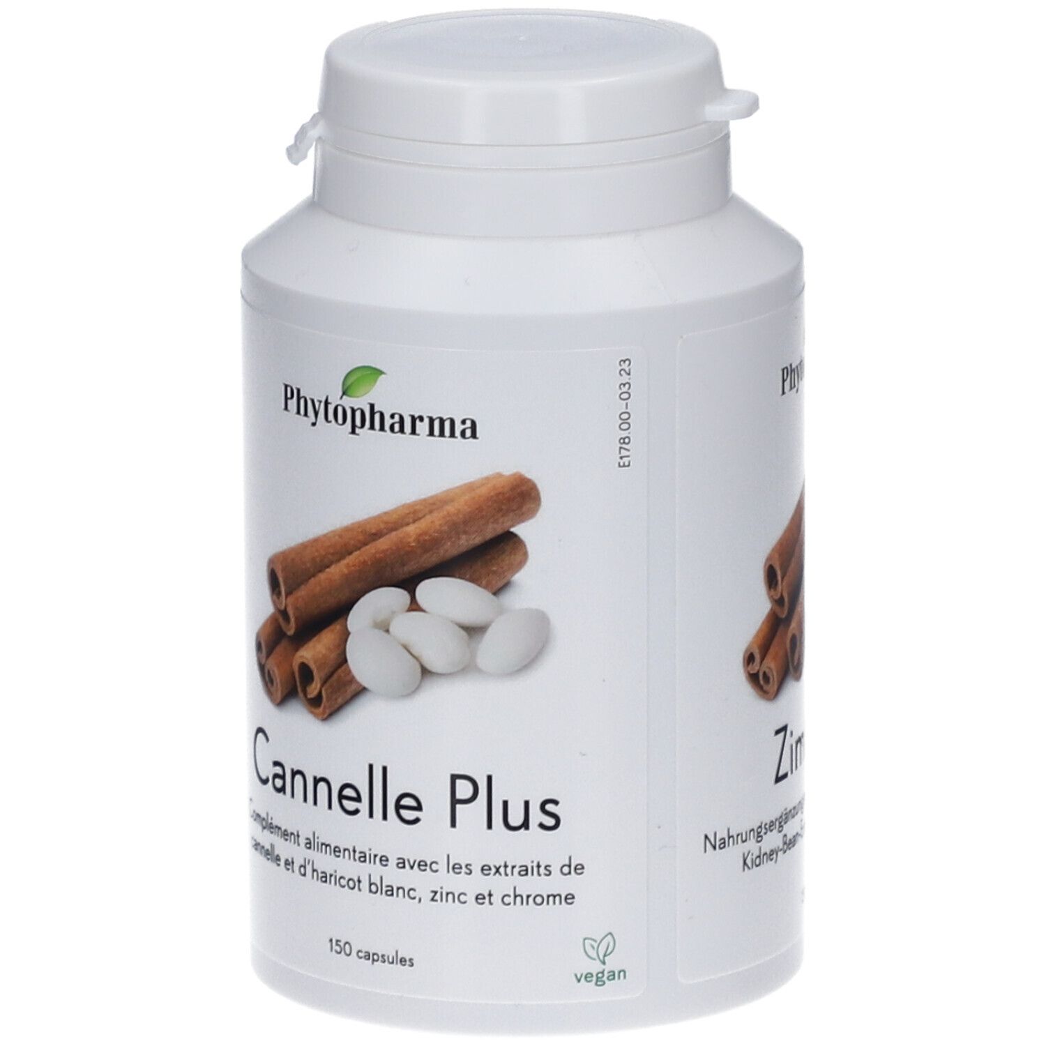 Flacon blanc avec Cannelle Plus. Illustration: bâtons de cannelle, haricots, logo Phyto-Pharma, 150 gélules, vegan.