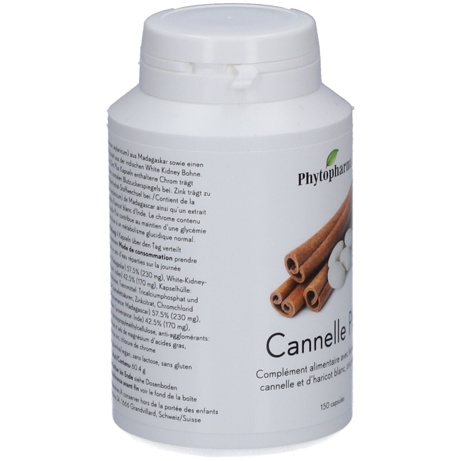 Flacon blanc avec Cannelle Plus. Illustration: bâtons de cannelle, haricots, logo Phyto-Pharma, 150 gélules, vegan. Texte.