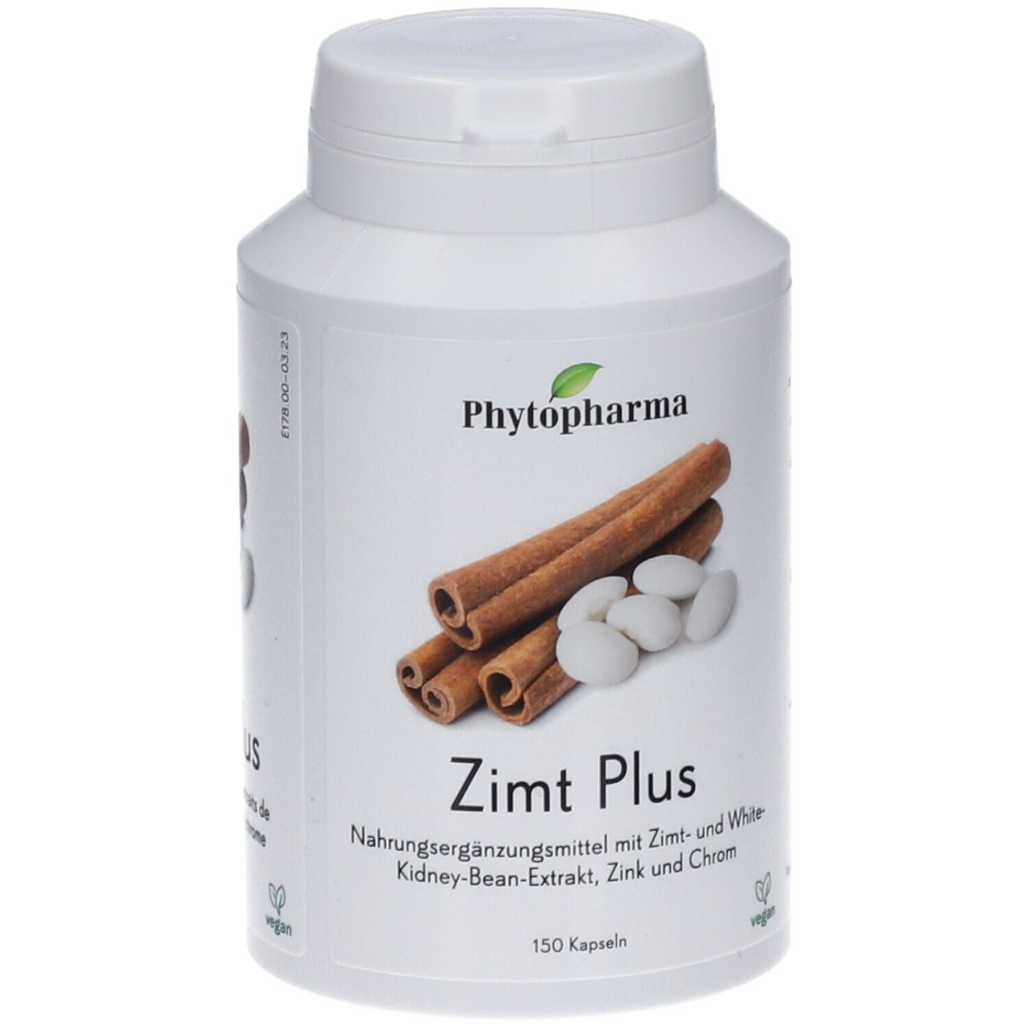 Flacon blanc avec Zimt Plus. Illustration: bâtons de cannelle, haricots, logo Phyto-Pharma, 150 gélules, vegan.