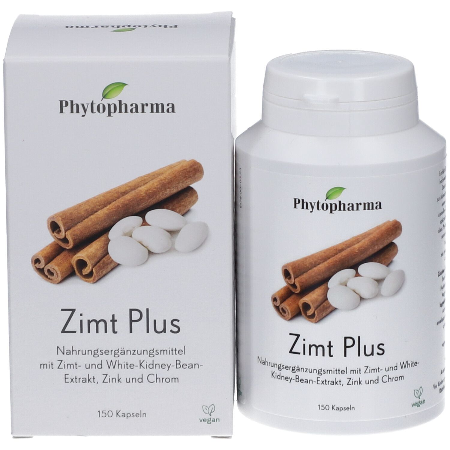 Deux produits: Flacon blanc et boîte avec Zimt Plus. Illustration: bâtons de cannelle, haricots, logo Phyto-Pharma, 150 gélules, vegan.
