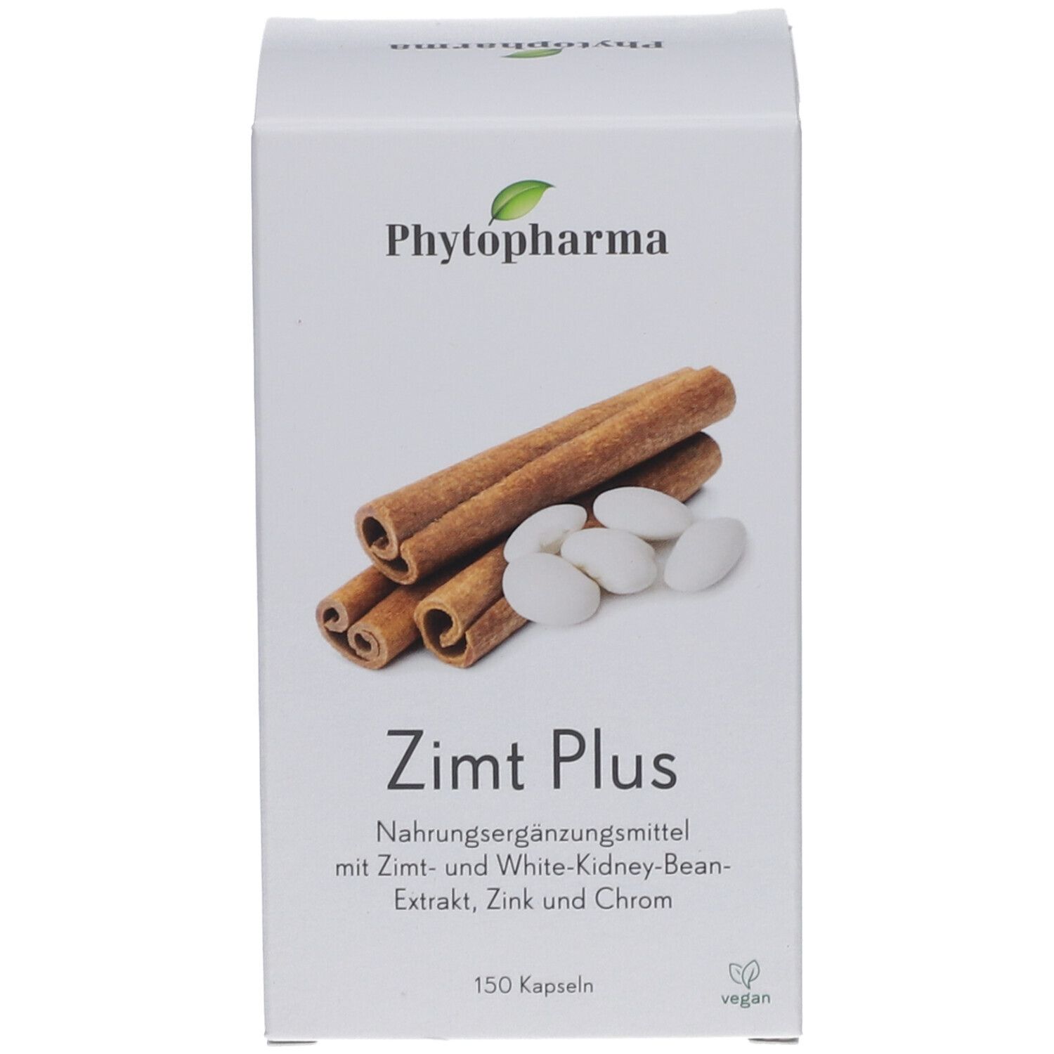 Boîte blanche avec Zimt Plus. Illustration: bâtons de cannelle, haricots, logo Phyto-Pharma, 150 gélules, vegan.