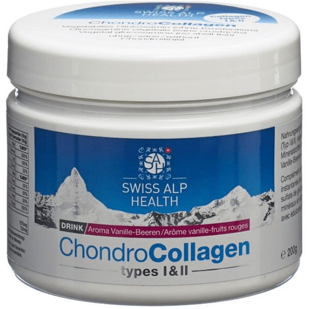 Weißes Dose mit blauem Etikett. "ChondroCollagen" und "Swiss Alp Health" sind sichtbar. Berge und ein Schweizer Kreuz.