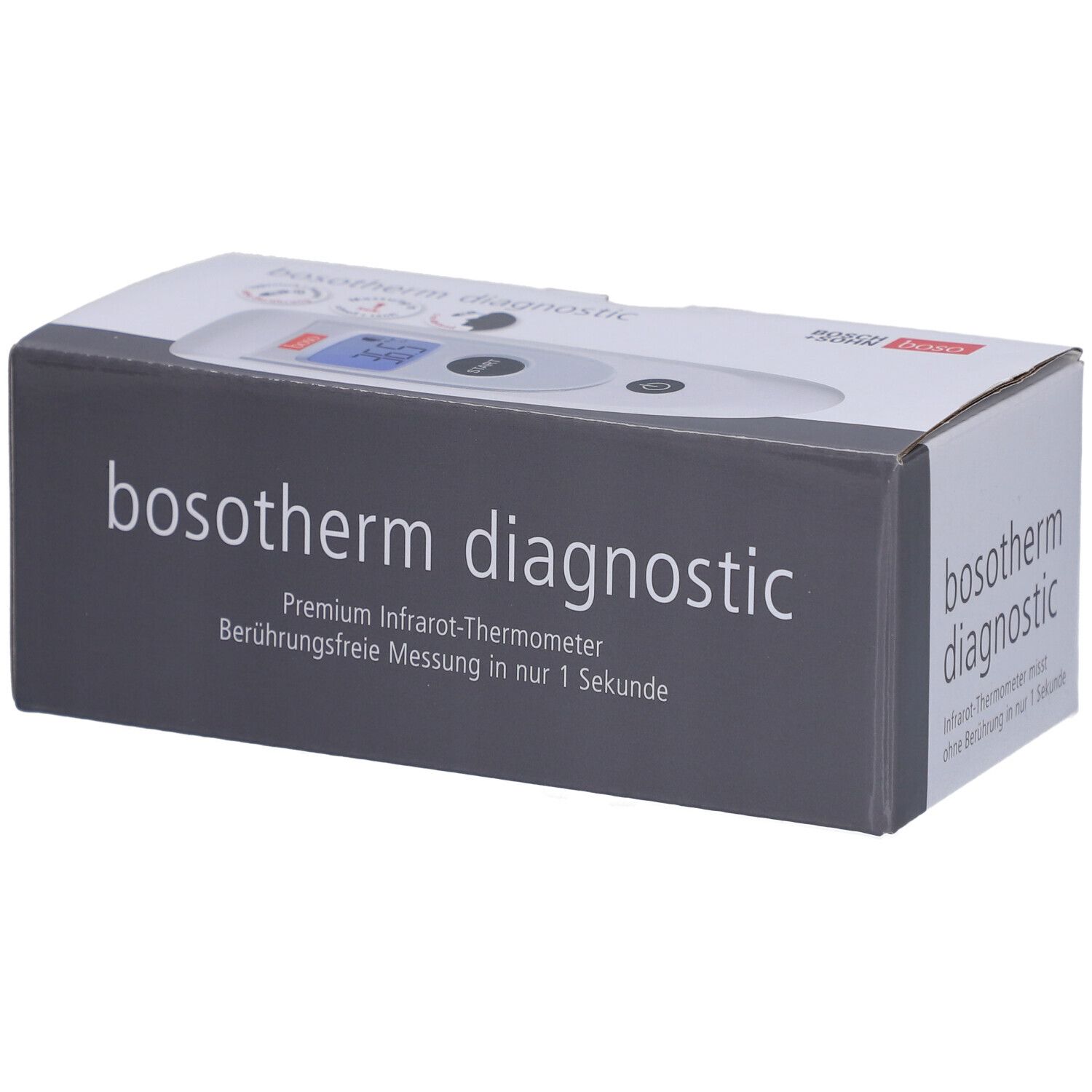 Verpackung des Boso Bosotherm Diagnostic Infrarot-Thermometers. Graue Box mit Produktnamen und Produktbild.