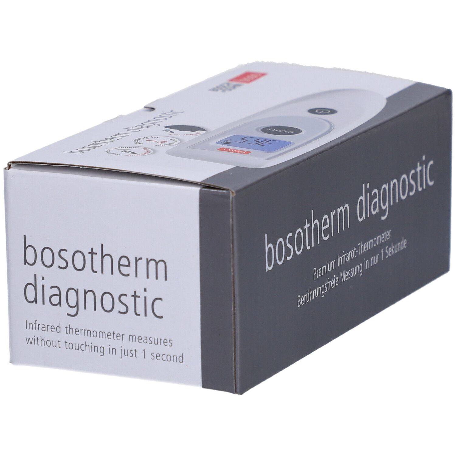 Boso Bosotherm Diagnostic Infrarot-Thermometer Verpackung. Graue Box mit Produktnamen und Beschreibung.