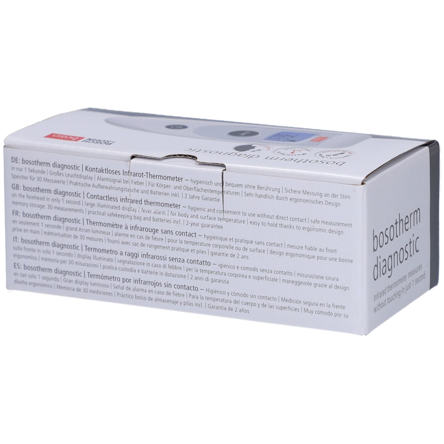 Verpackung des Boso Bosotherm Diagnostic Infrarot-Thermometers. Box mit Produktinformationen in mehreren Sprachen.