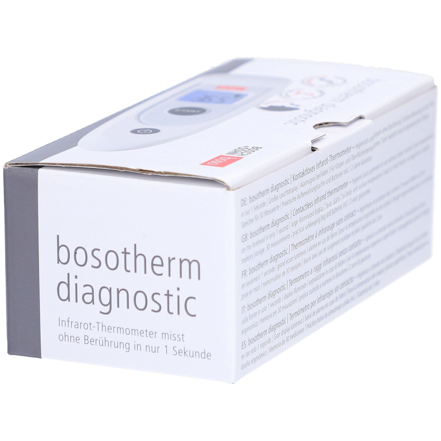 Boso Bosotherm Diagnostic Infrarot-Thermometer Verpackung. Graue Box mit Produktnamen und Beschreibung.