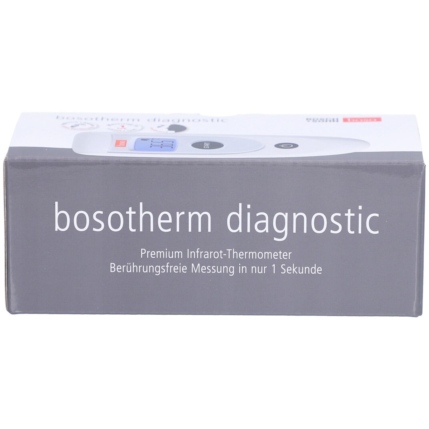 Verpackung des Boso Bosotherm Diagnostic Infrarot-Thermometers. Graue Box mit Produktnamen und Produktbild.