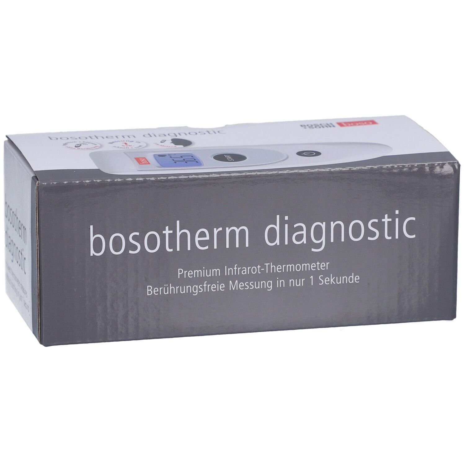 Boso Bosotherm Diagnostic Infrarot-Thermometer Verpackung. Graue Box mit Produktnamen und Beschreibung.