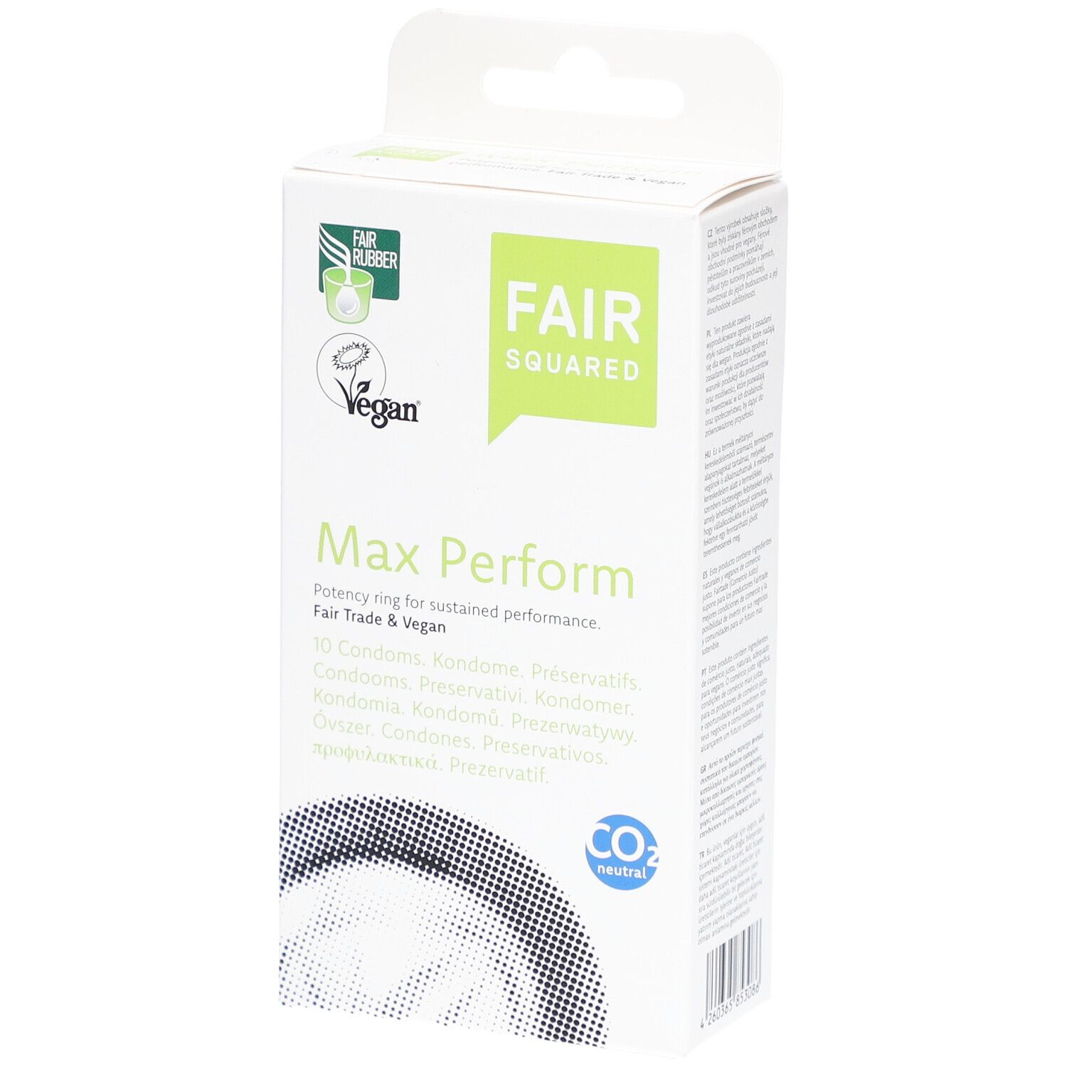 Boîte de préservatifs Fair Squared® Max Perform. Vegan, neutre en CO2. Texte: Max Perform, 10 préservatifs.