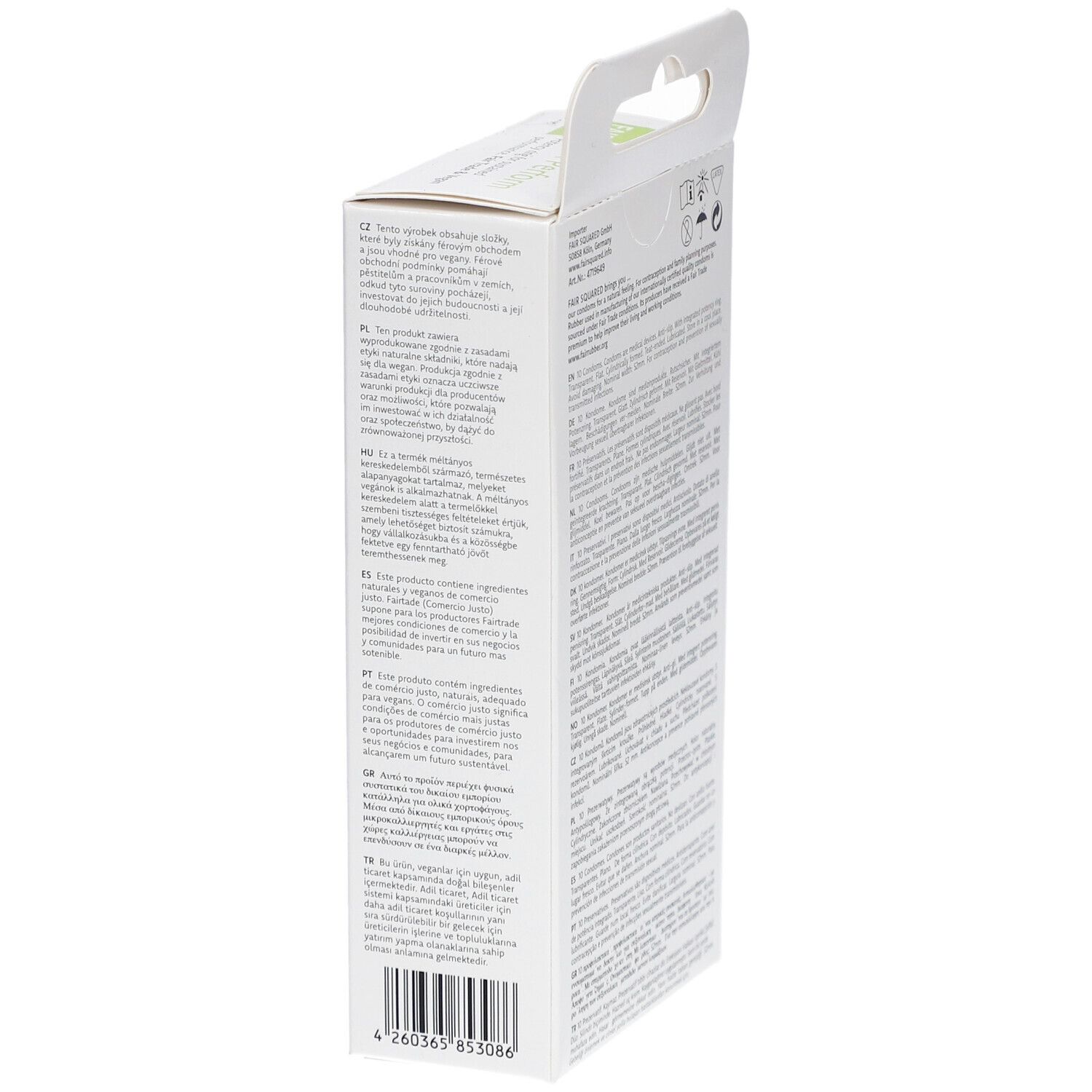 Vue latérale de la boîte de préservatifs Fair Squared® Max Perform. Texte multilingue.