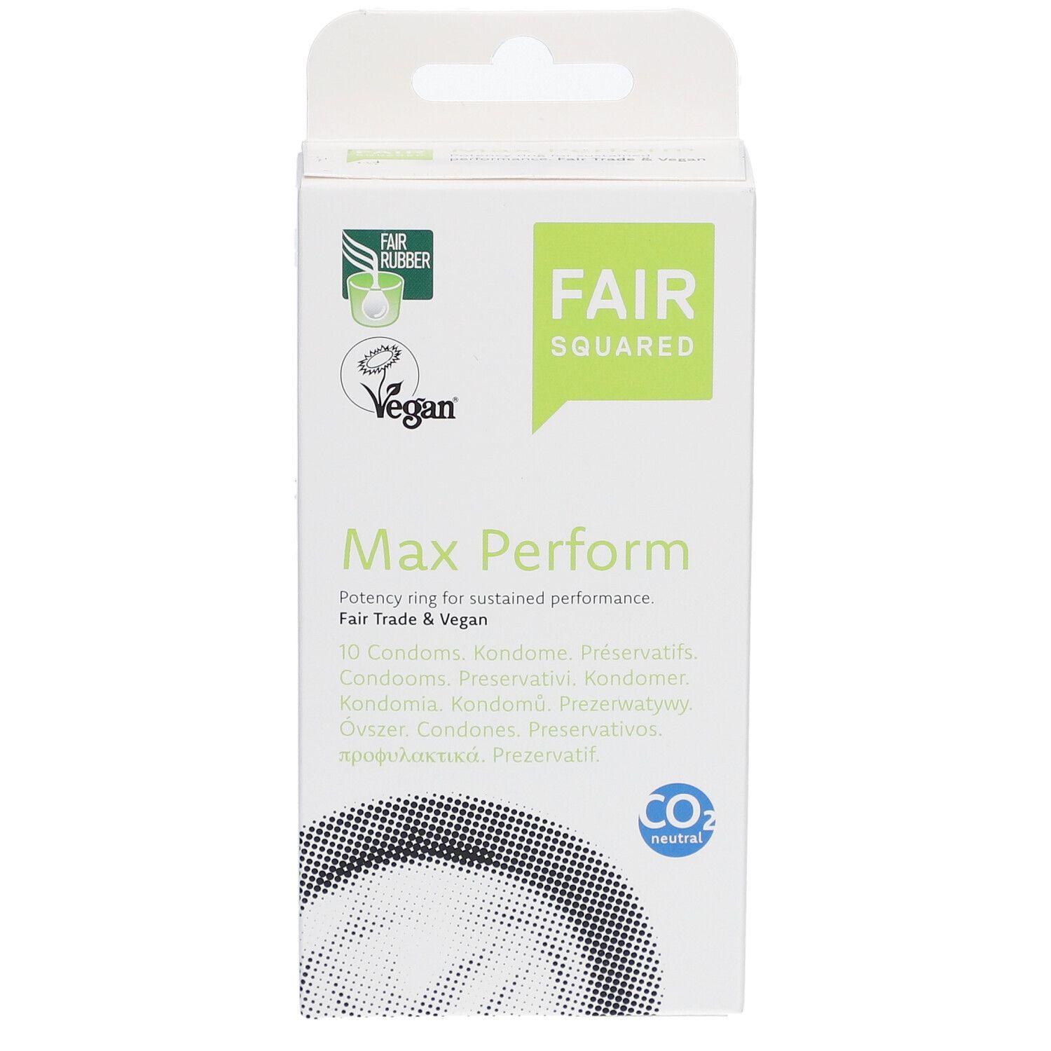 Vue de face de la boîte de préservatifs Fair Squared® Max Perform. Texte: Max Perform, 10 préservatifs, vegan.