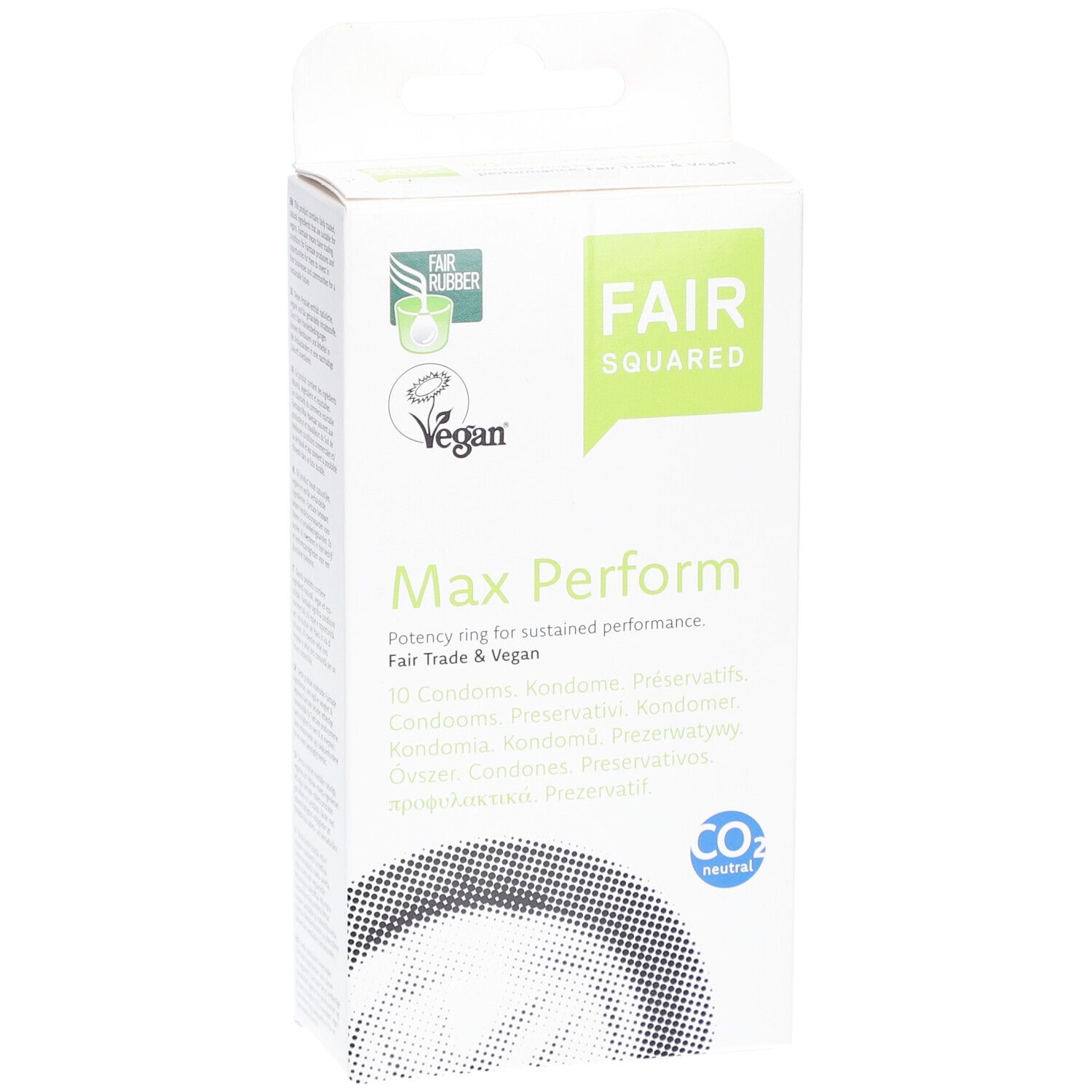 Vue de face de la boîte de préservatifs Fair Squared® Max Perform. Texte: Max Perform, 10 préservatifs, vegan.