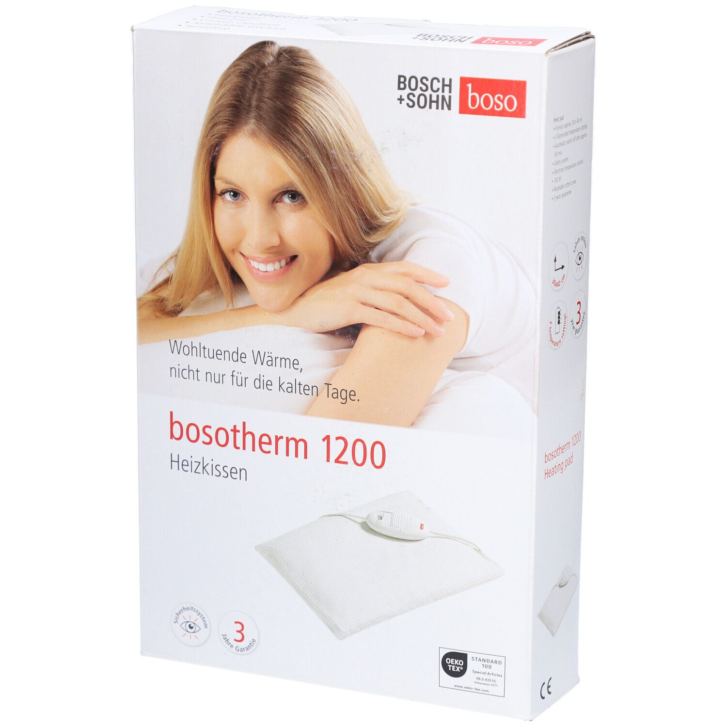 Verpackung des Boso Bosotherm 1200 Heizkissens. Aufdruck: Produktname, Frau, Qualitätszeichen. Heizkissen abgebildet.