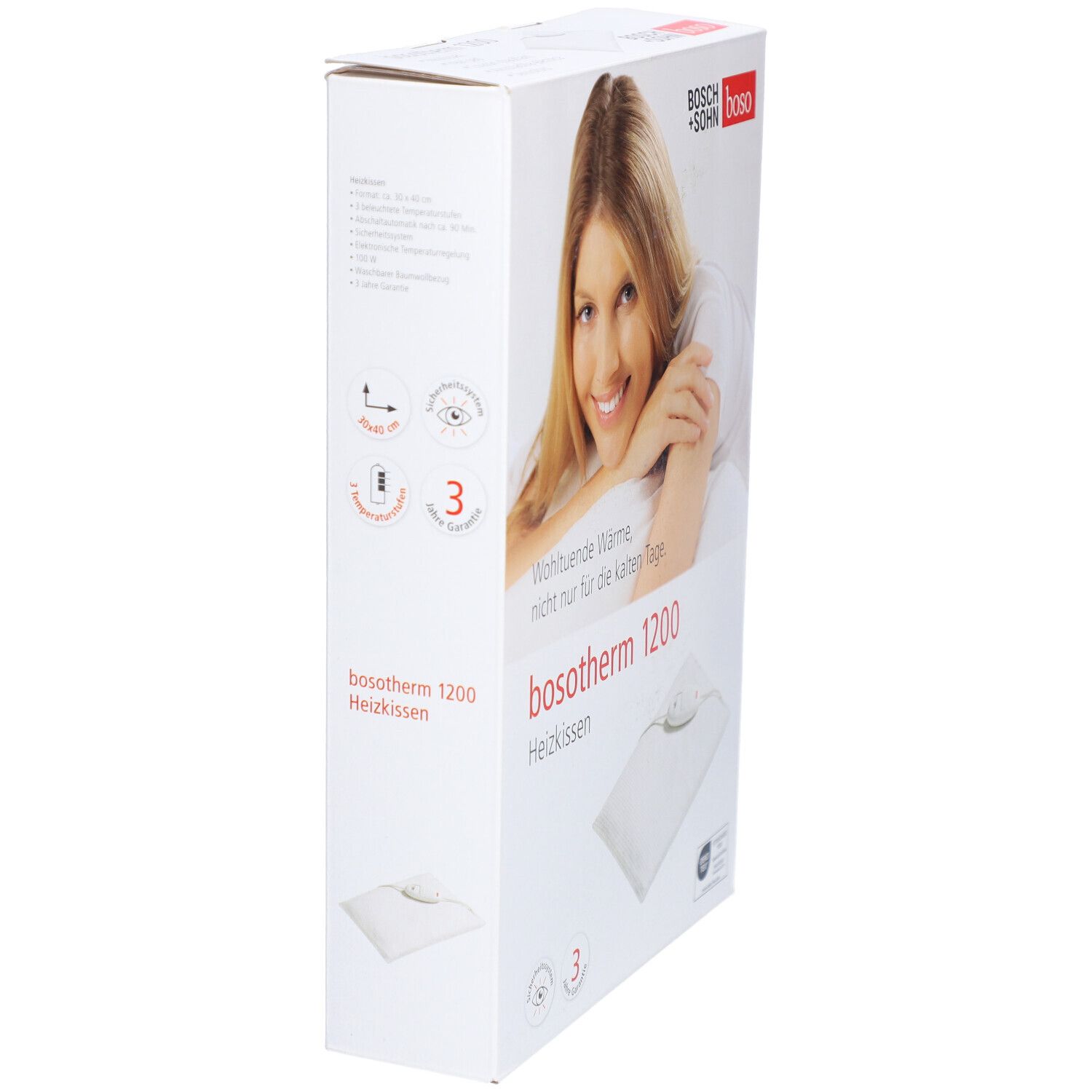 Verpackung des Boso Bosotherm 1200 Heizkissens. Aufdruck: Produktname, Frau, Qualitätszeichen. Heizkissen abgebildet.