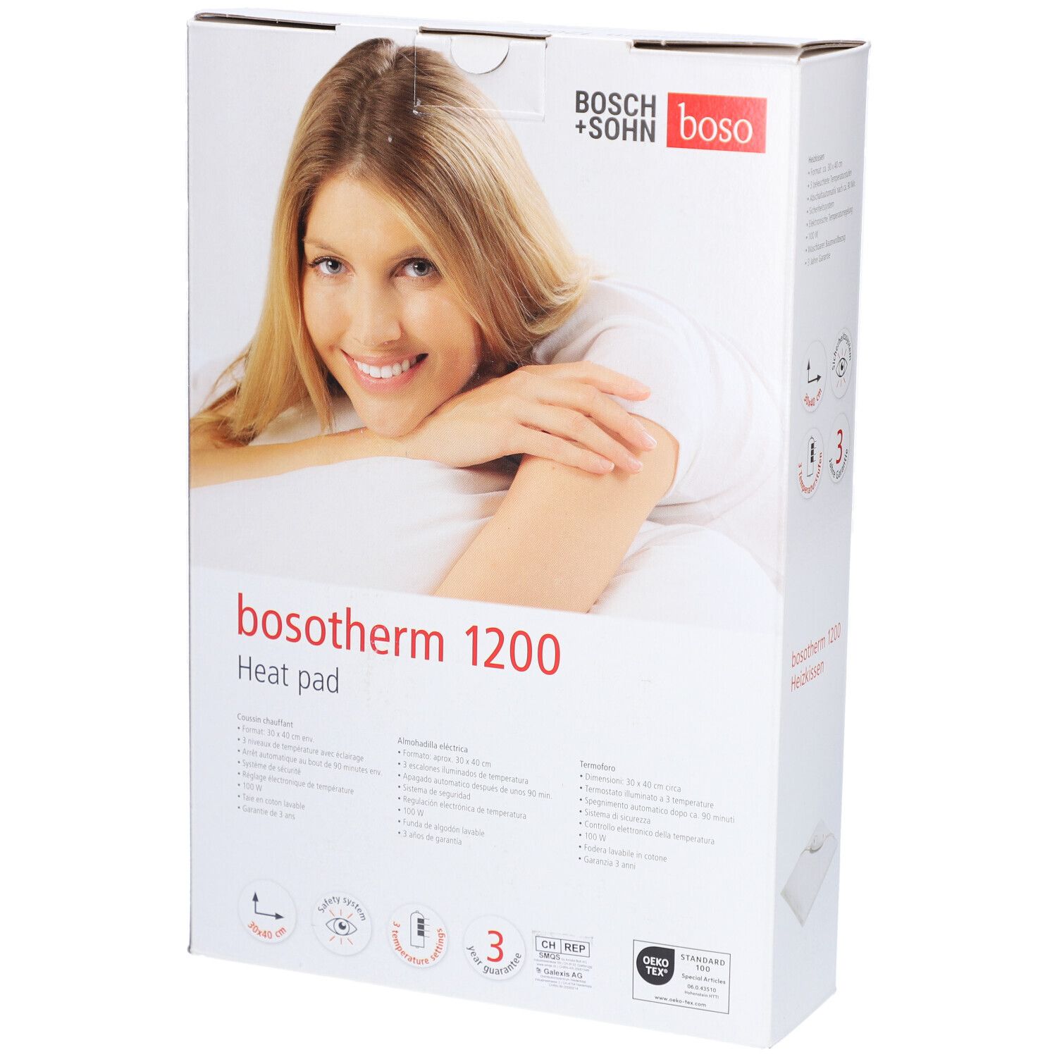 Verpackung des Boso Bosotherm 1200 Heizkissens. Aufdruck: Produktname, Frau, Qualitätszeichen. Heizkissen abgebildet.