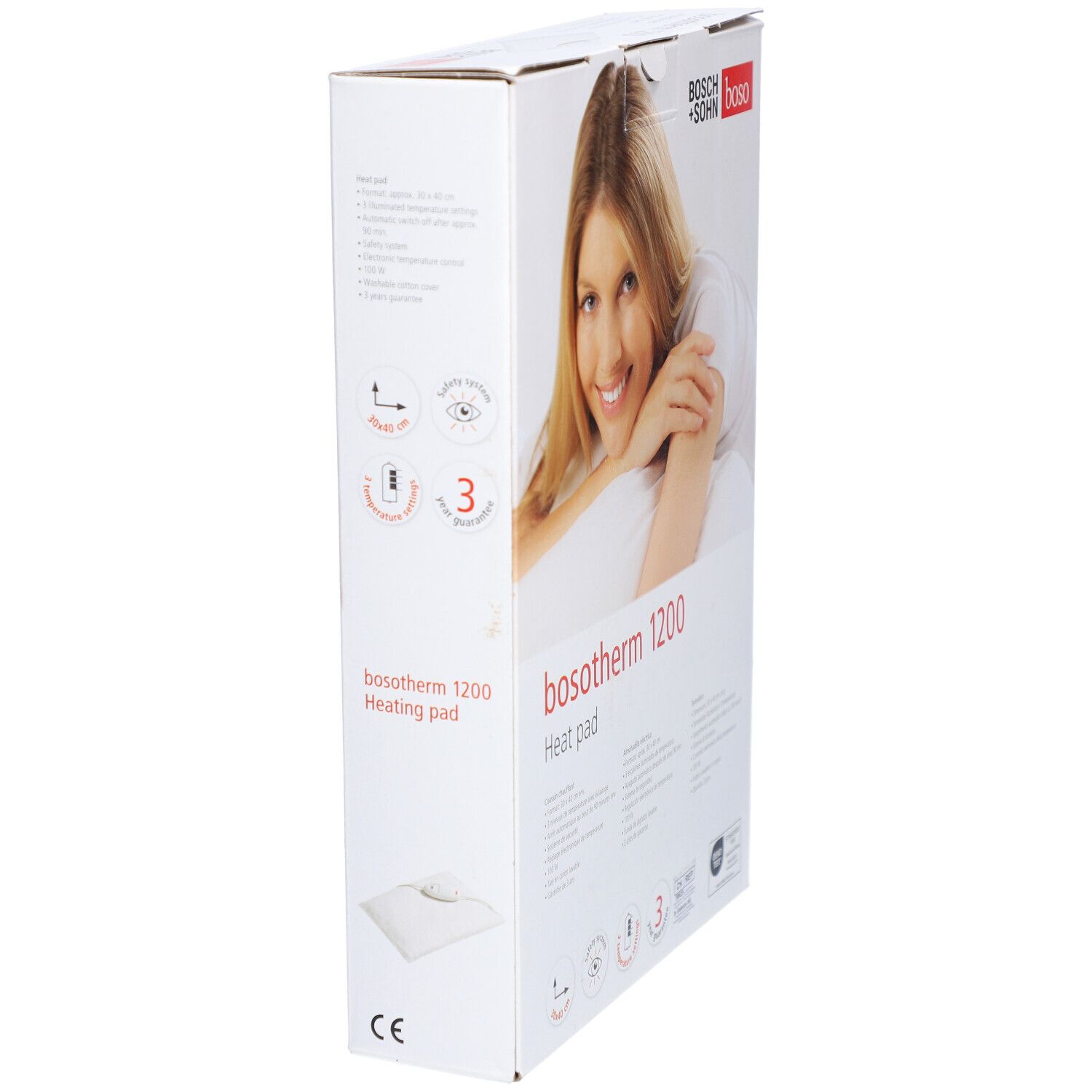 Verpackung des Boso Bosotherm 1200 Heizkissens. Aufdruck: Produktname, Frau, Qualitätszeichen. Heizkissen abgebildet.