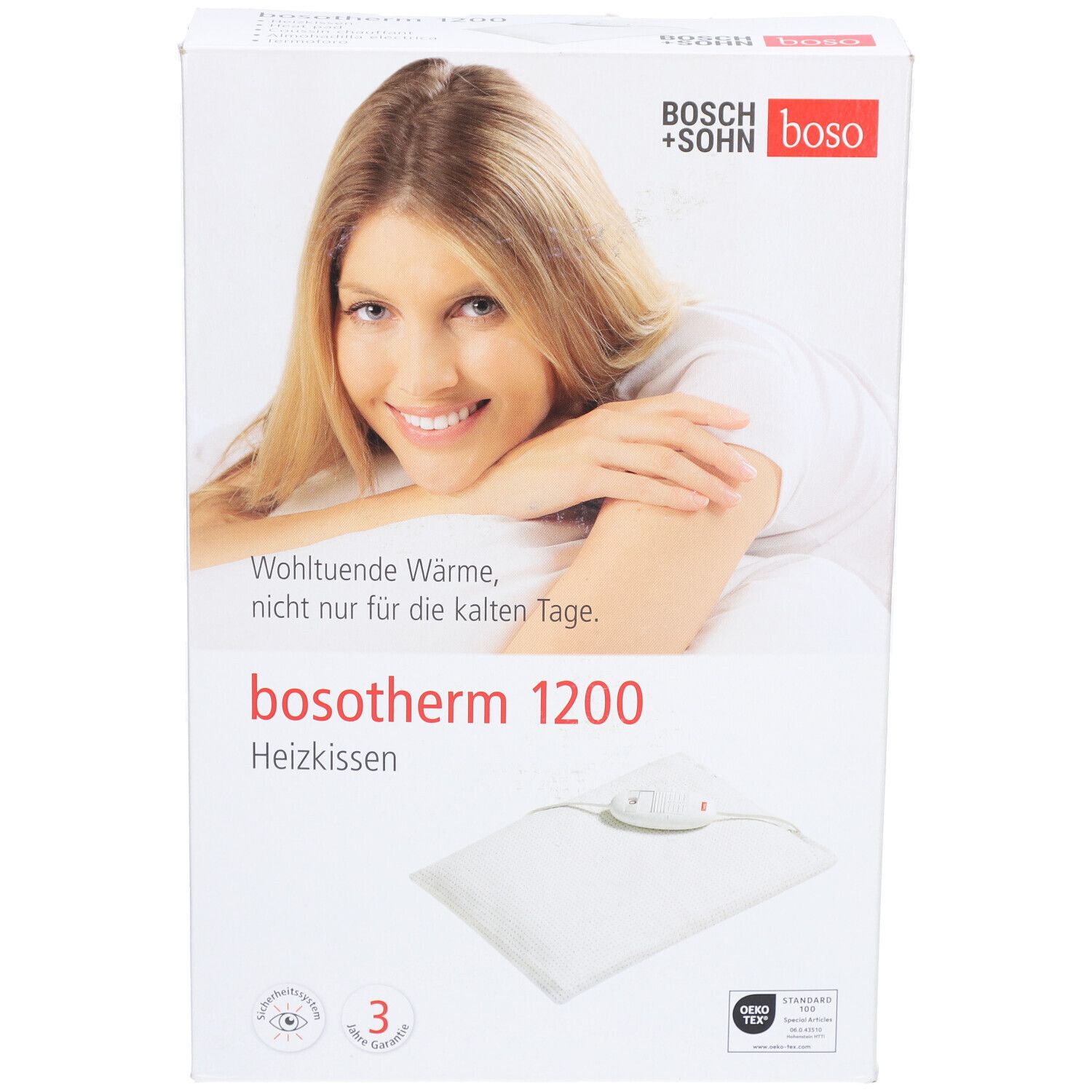 Verpackung des Boso Bosotherm 1200 Heizkissens. Aufdruck: Produktname, Frau, Qualitätszeichen. Heizkissen abgebildet.