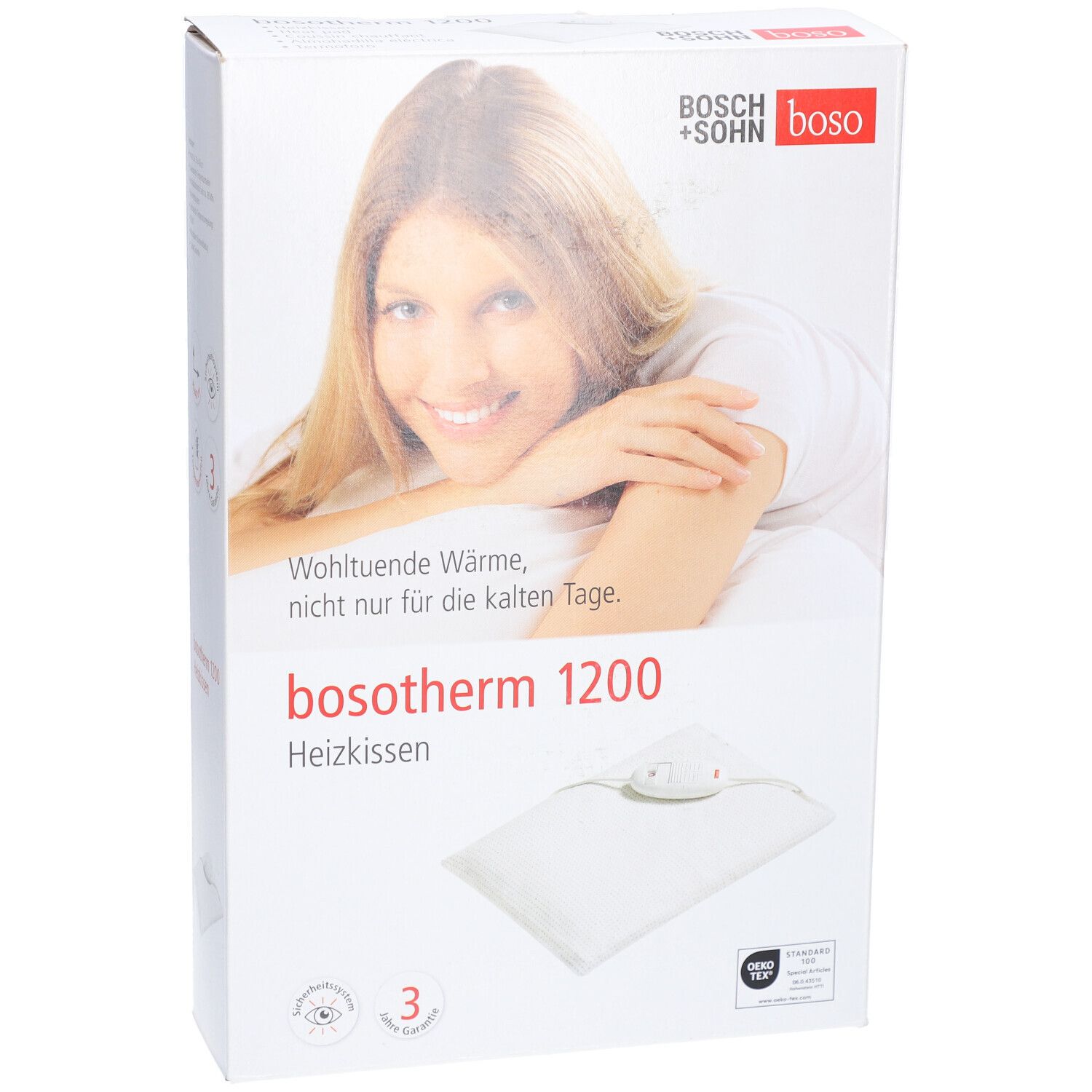 Verpackung des Boso Bosotherm 1200 Heizkissens. Aufdruck: Produktname, Frau, Qualitätszeichen. Heizkissen abgebildet.