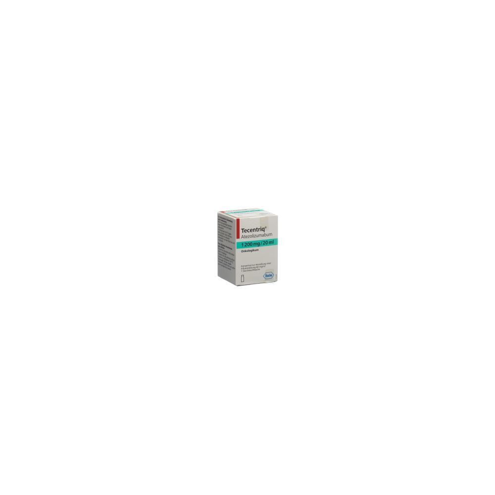 Karton TECENTRIQ Inf Konz. 1200 mg/20ml. Aufschrift in Blau und Rot. Weißer Hintergrund.