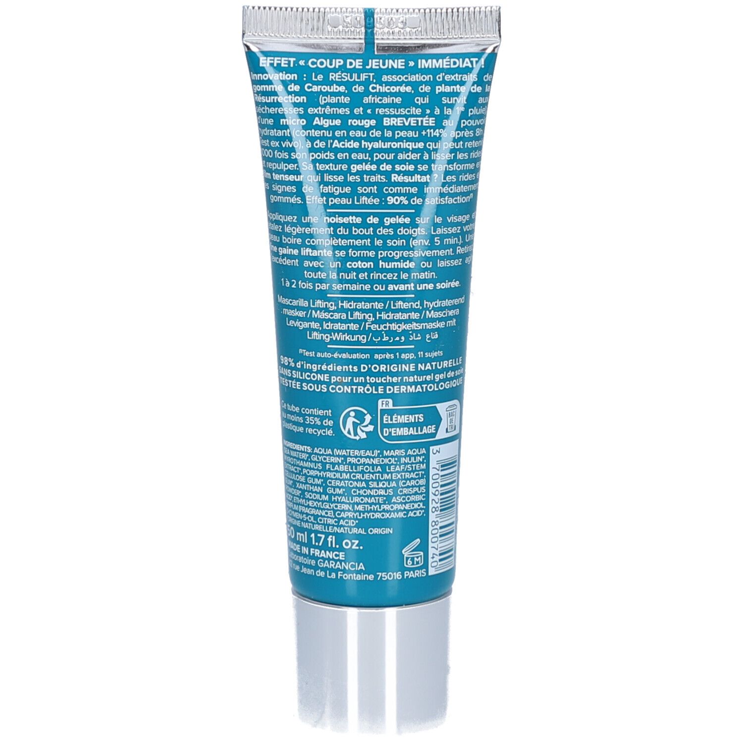 Rückseite des Tubus. Text in mehreren Sprachen. Silberne Kappe. Aufschrift: 50 ml, Made in France.