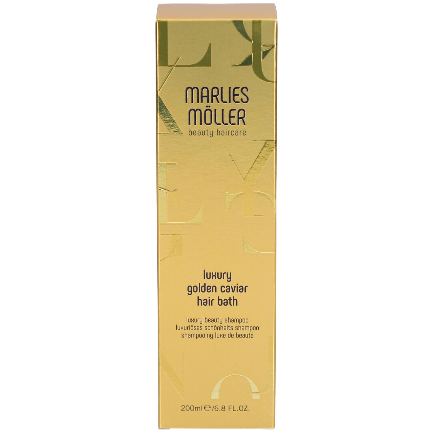 Goldfarbene Verpackung. Aufschrift: Marlies Möller, Luxury Golden Caviar Hair Bath. 200ml.
