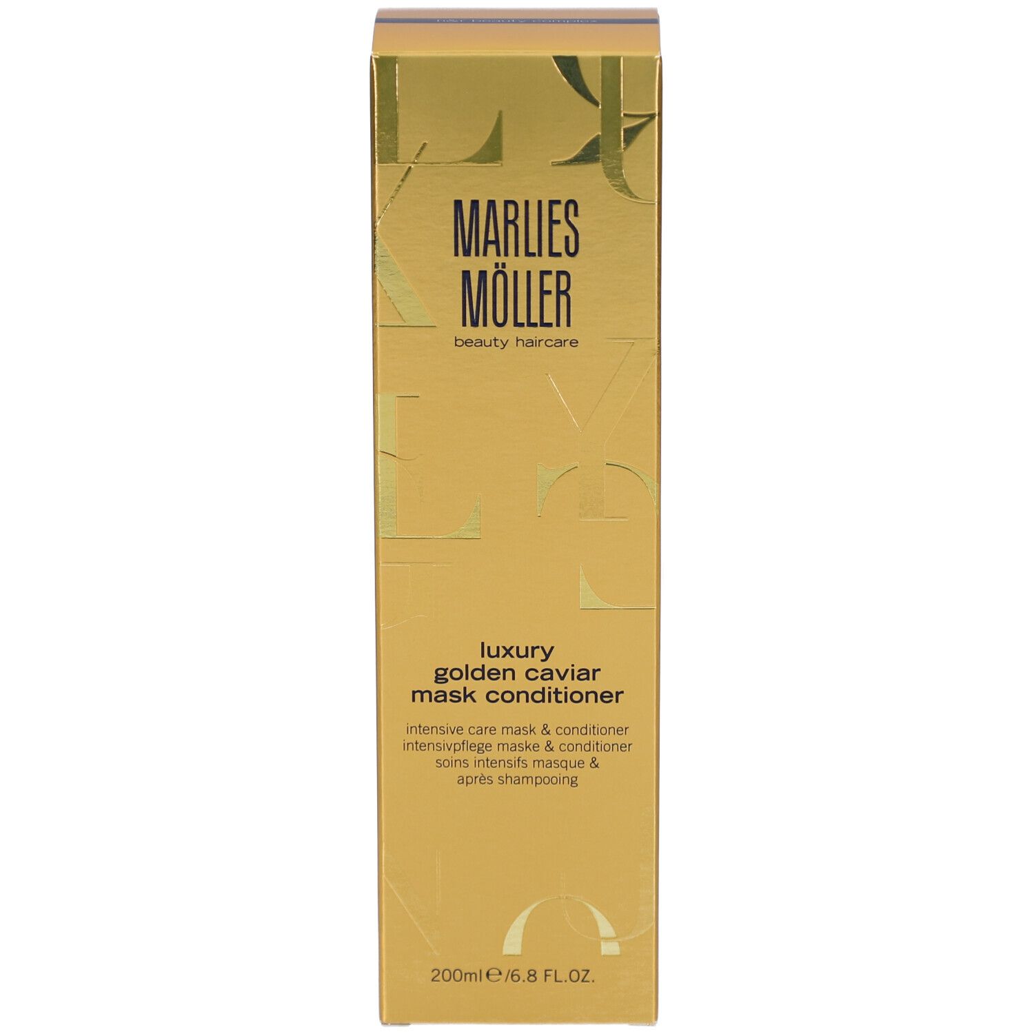 Goldene Verpackung mit Produkt. Aufschrift: Marlies Möller, Luxury Golden Caviar Mask Conditioner.