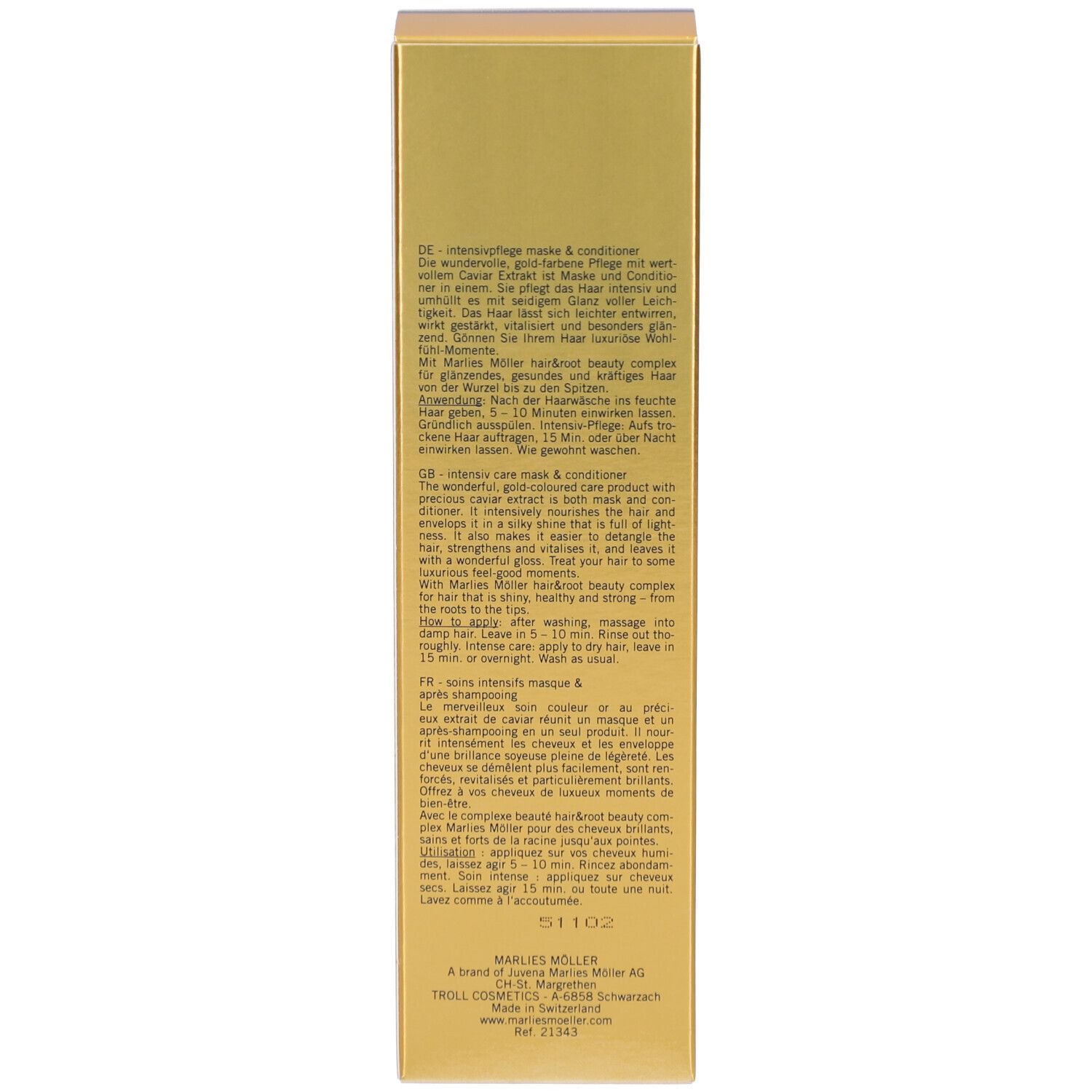 Goldene Verpackung mit Produkt. Aufschrift: Marlies Möller, Luxury Golden Caviar Mask Conditioner.