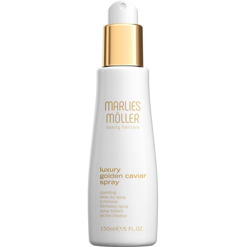 Weißes Spray mit goldenem Verschluss. Aufschrift: Marlies Möller, Luxury Golden Caviar Spray. 150ml/5 FL.OZ.