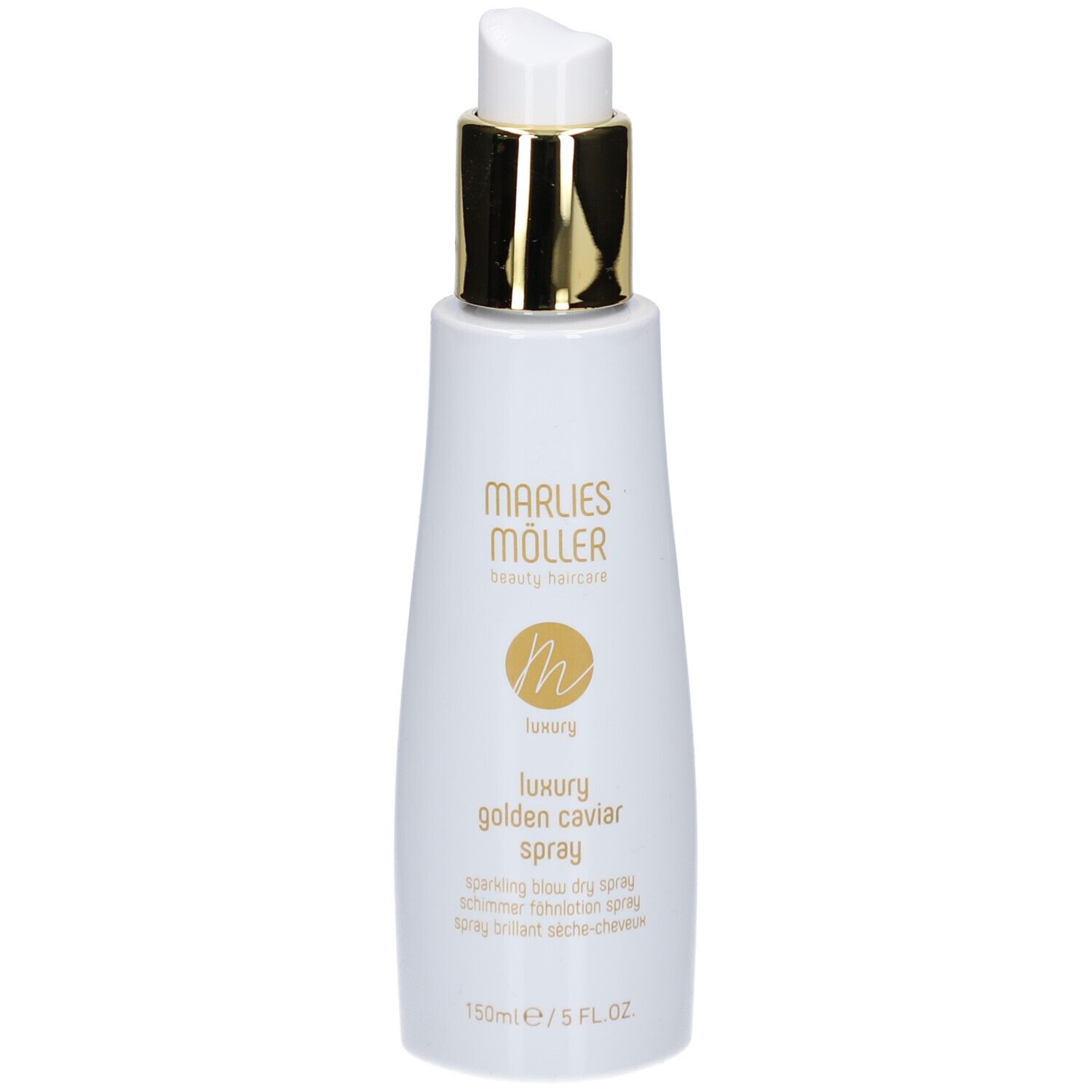 Weißes Spray mit goldenem Verschluss. Aufschrift: Marlies Möller, Luxury Golden Caviar Spray. 150ml/5 FL.OZ.