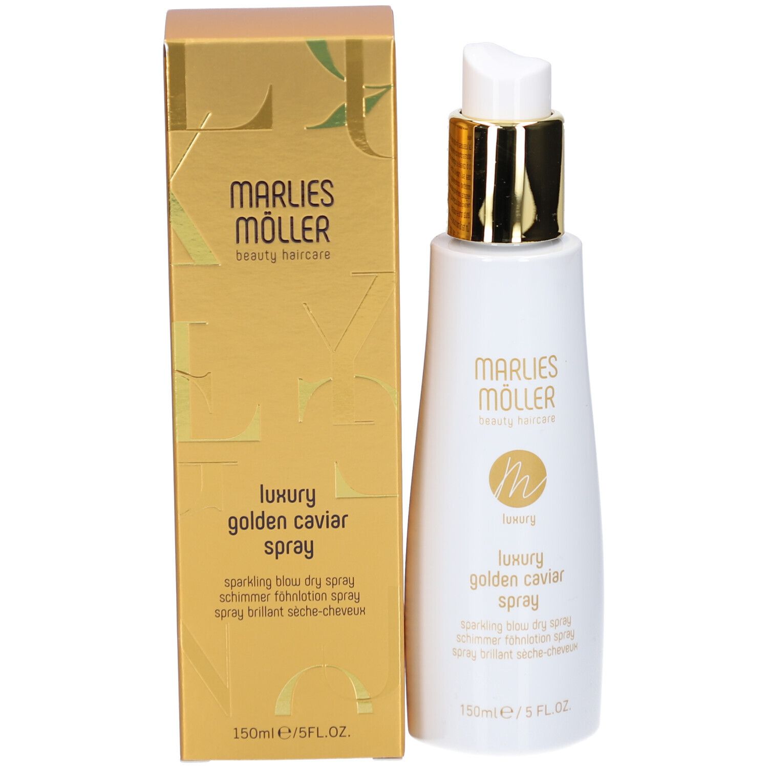 Goldene Verpackung mit weißem Spray. Aufschrift: Marlies Möller, Luxury Golden Caviar Spray. 150ml/5 FL.OZ.