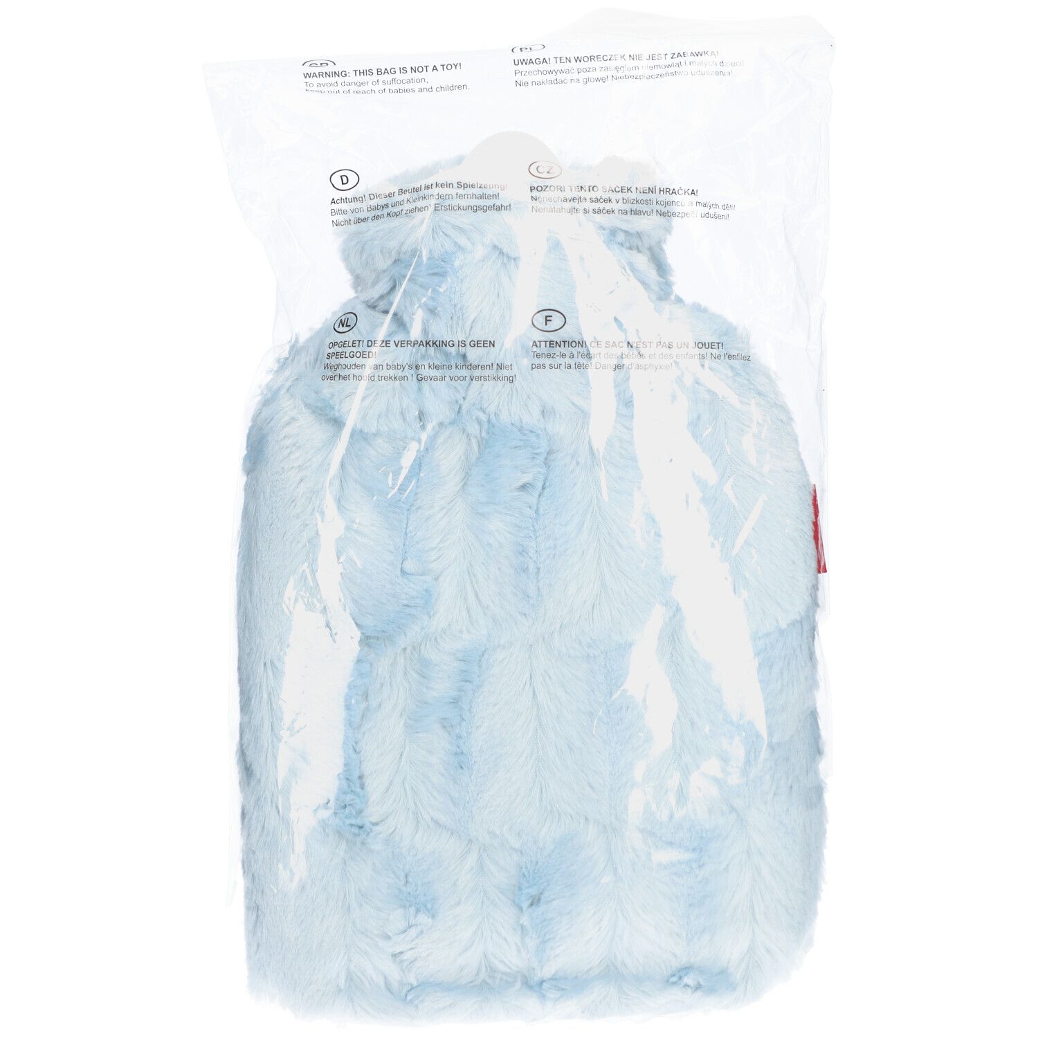 Bouillotte FROSCH bleue claire, housse à poils longs, emballage plastique.