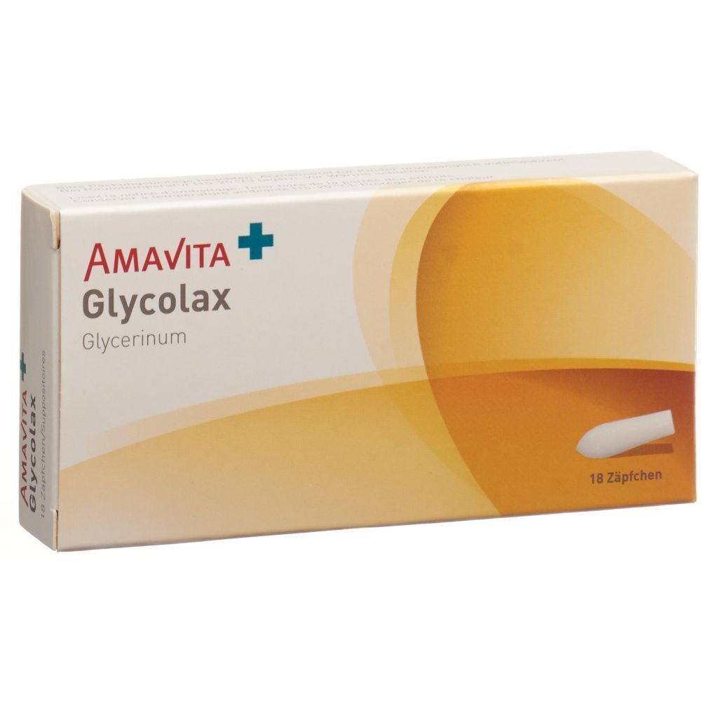 Boîte de suppositoires AMAVITA Glycolax. Inscription : Glycolax Glycerinum. Contient 18 suppositoires. Suppositoire blanc visible.