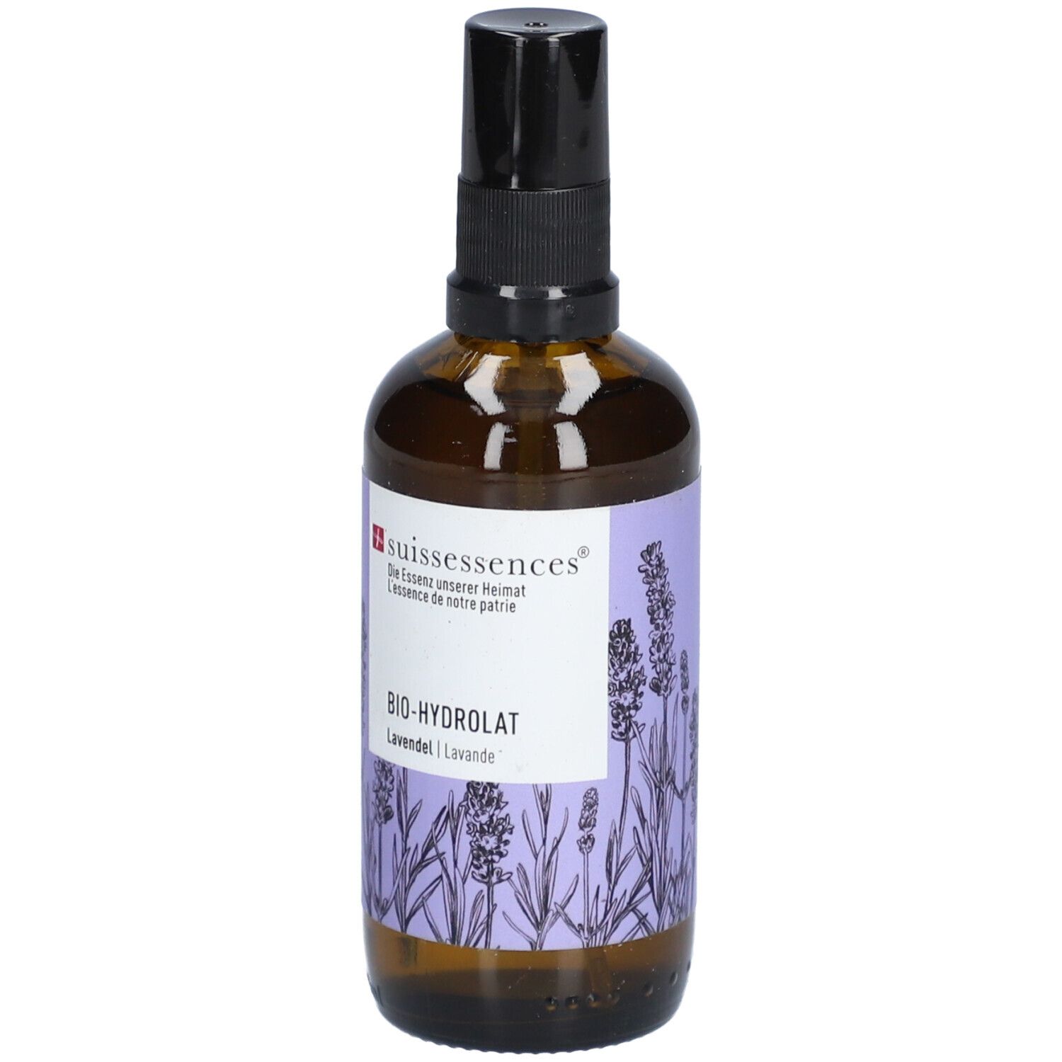 Braune Glasflasche mit schwarzem Sprühkopf. Etikett mit lila Lavendel-Illustrationen und Text: BIO-HYDROLAT, Lavendel.