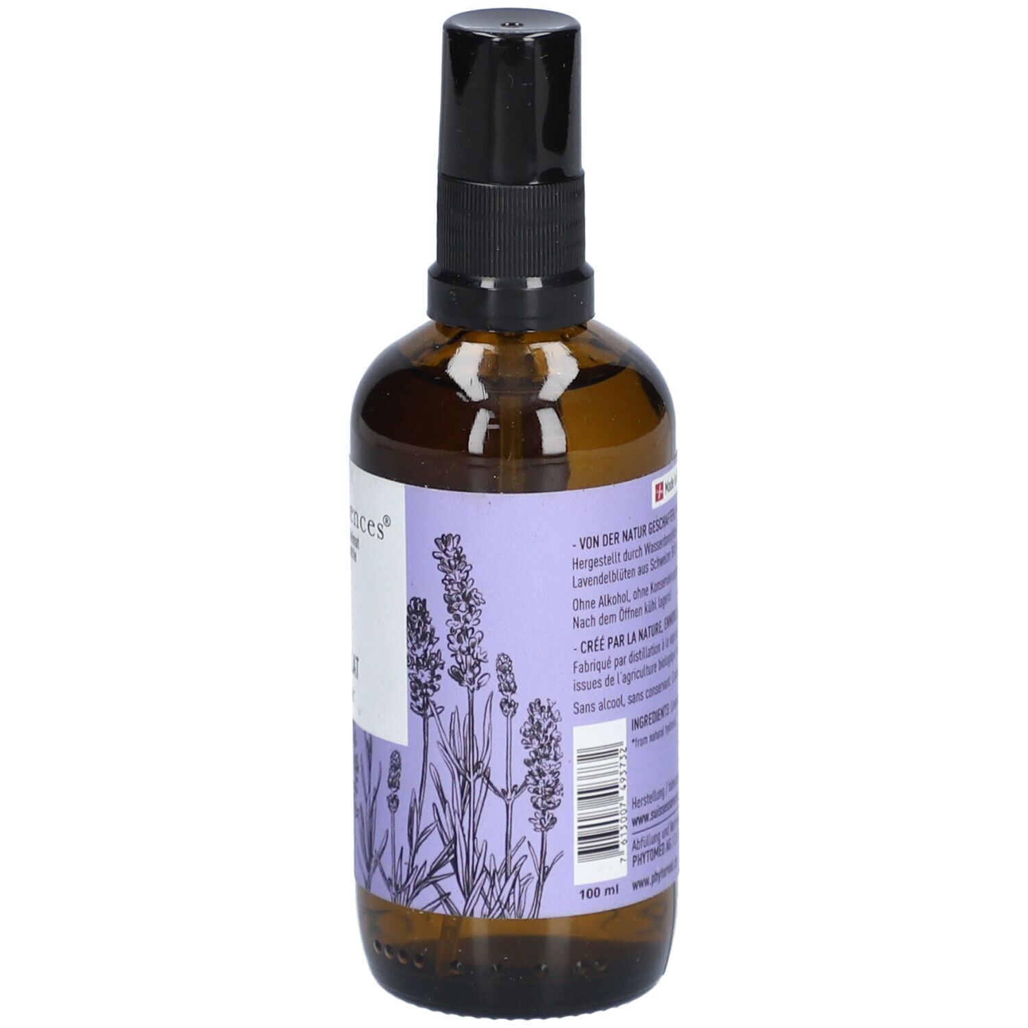 Braune Glasflasche mit schwarzem Sprühkopf. Etikett mit Text, Inhaltsstoffen und Herkunft. 100 ml.