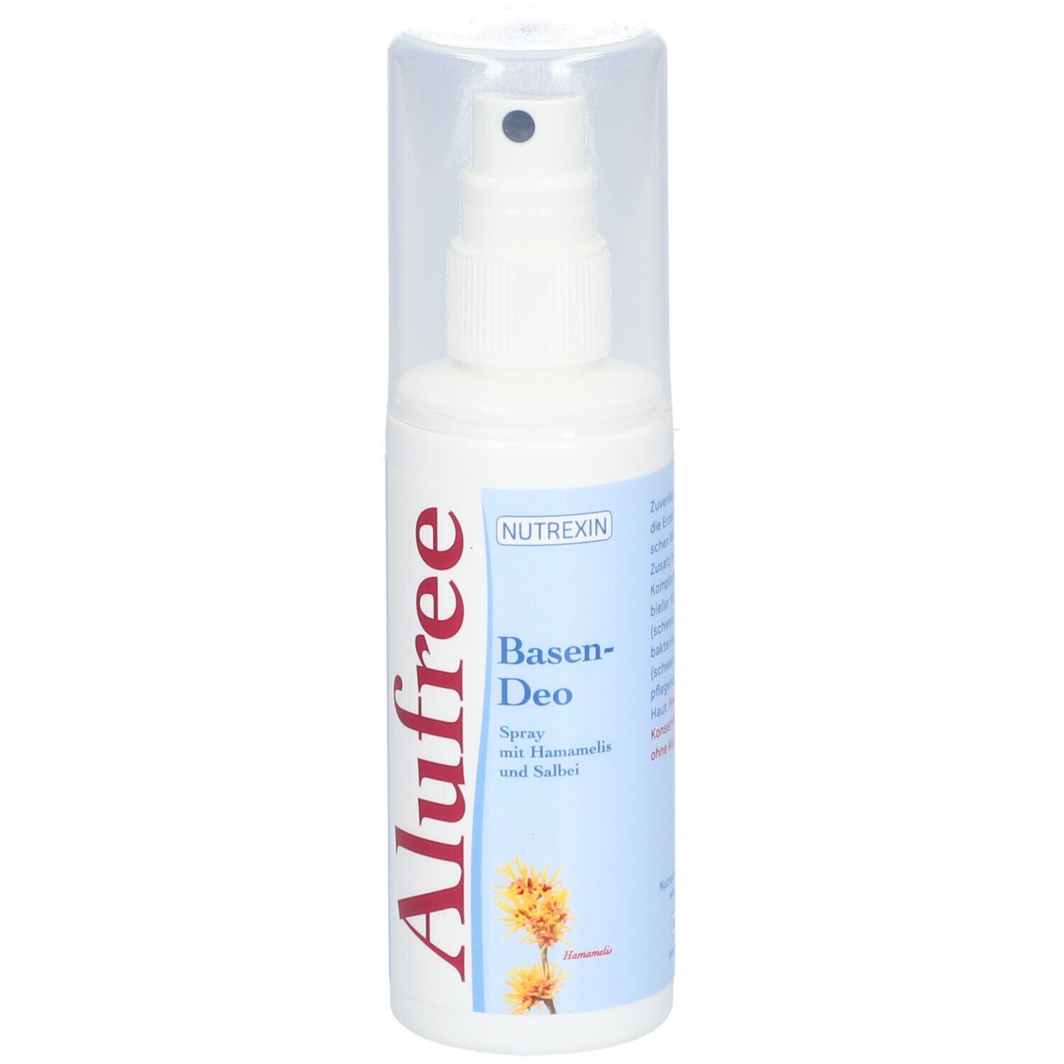 Weiße Sprühflasche mit durchsichtigem Deckel. Aufschrift Alufree und Basen-Deo. Marke NUTREXIN.