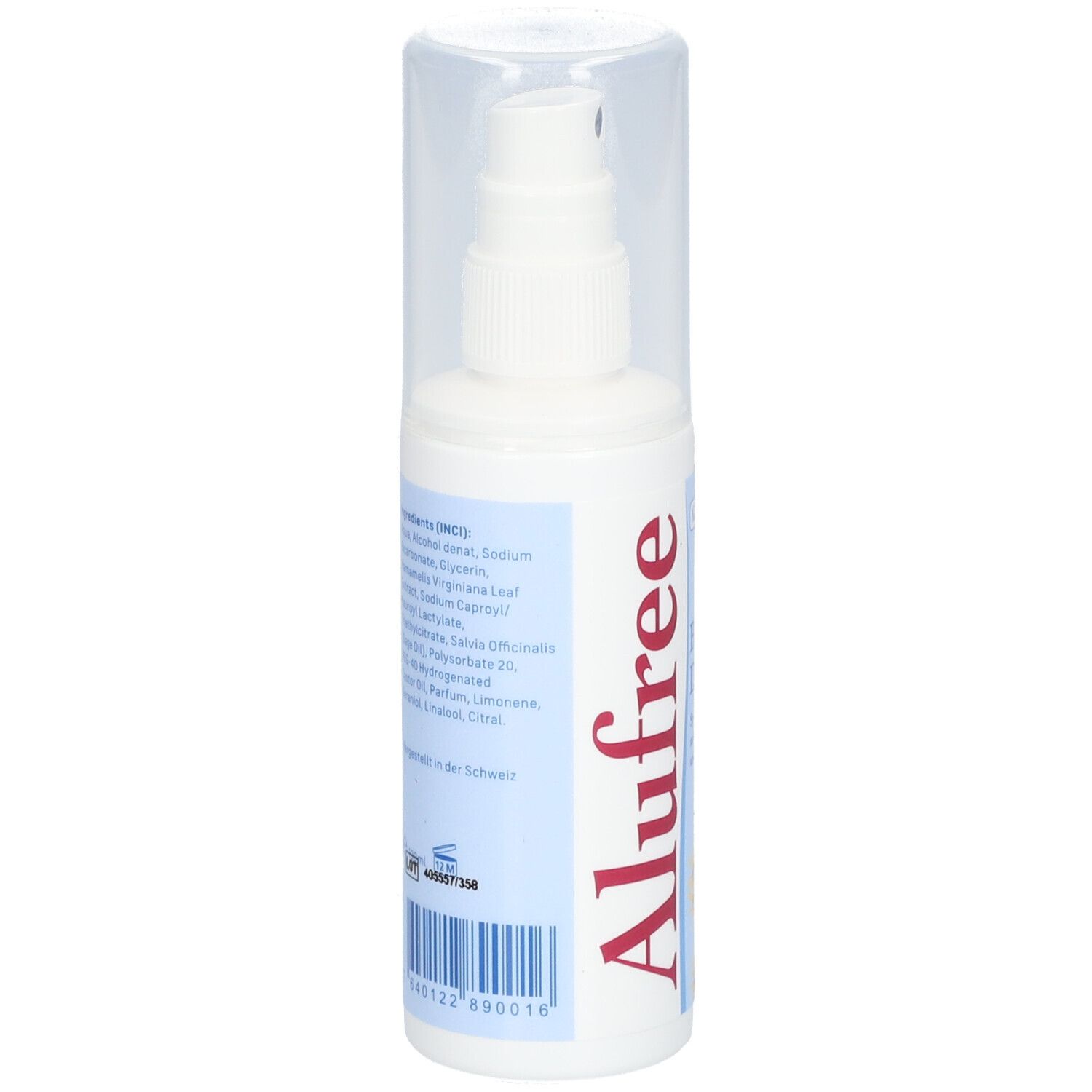 Weiße Sprühflasche mit blauer Etikett. Aufschrift Alufree. Zutatenliste und Barcode.