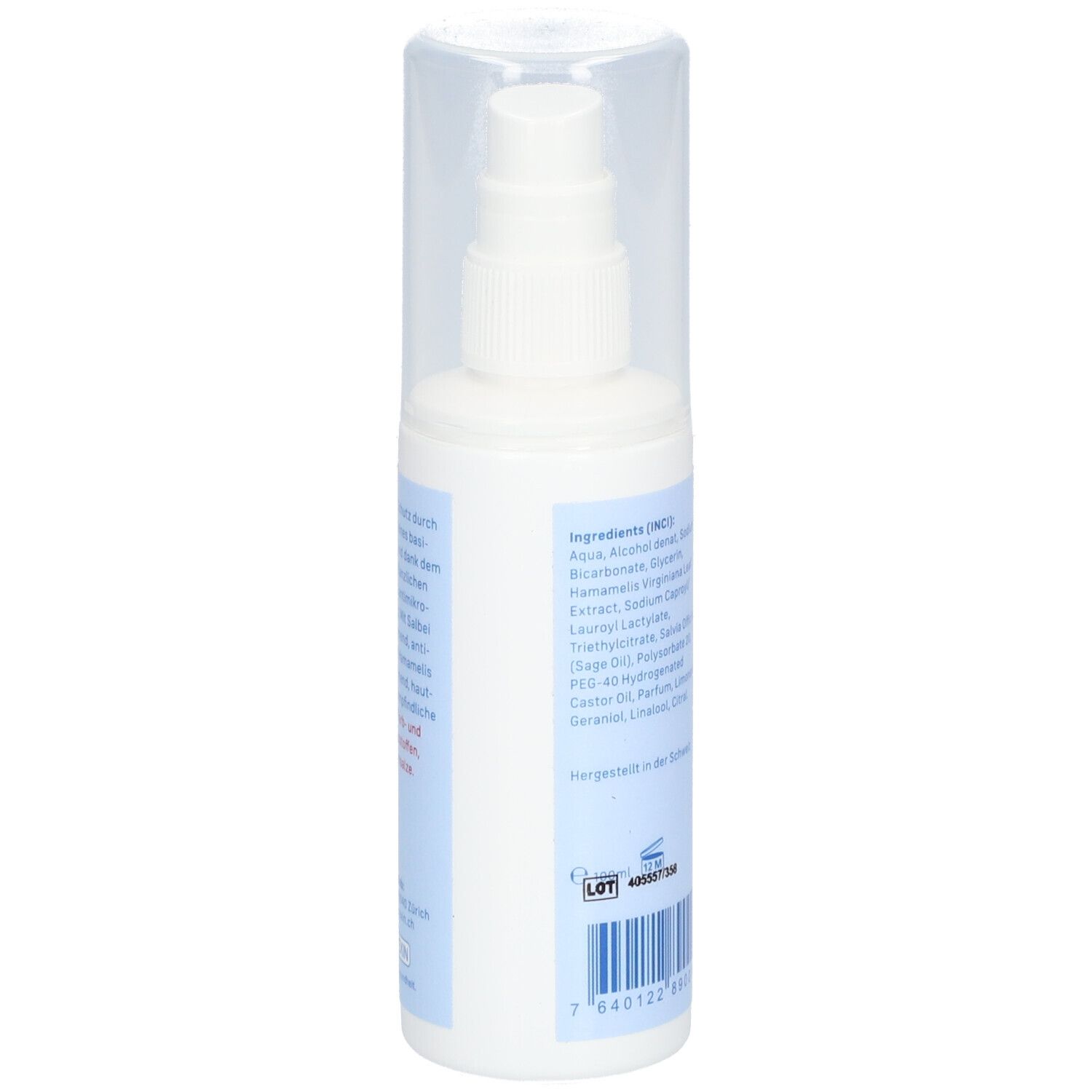 Weiße Sprühflasche mit blauer Etikett. Zutatenliste und Barcode.