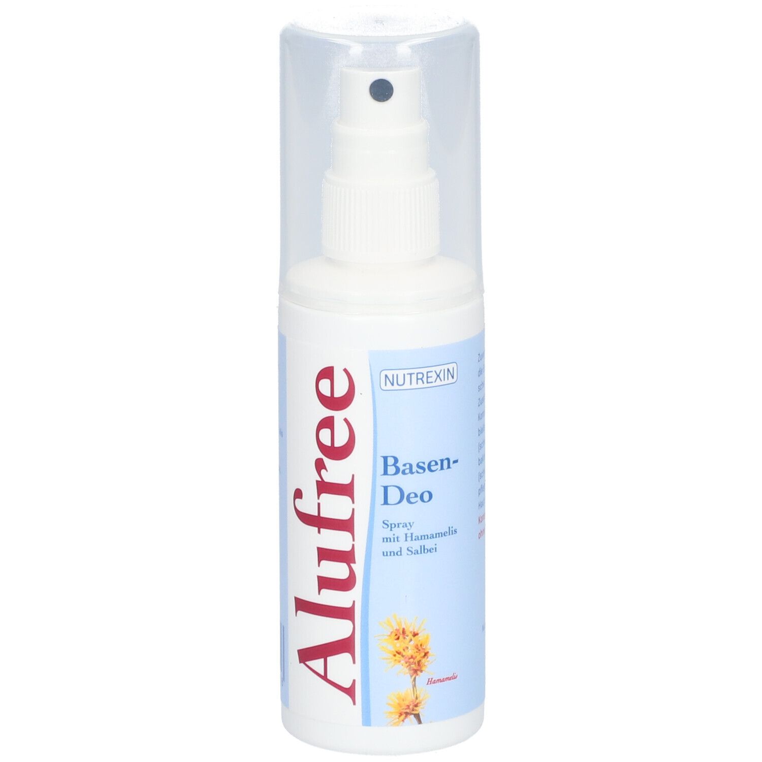 Weiße Sprühflasche mit durchsichtigem Deckel. Aufschrift Alufree und Basen-Deo. Marke NUTREXIN.