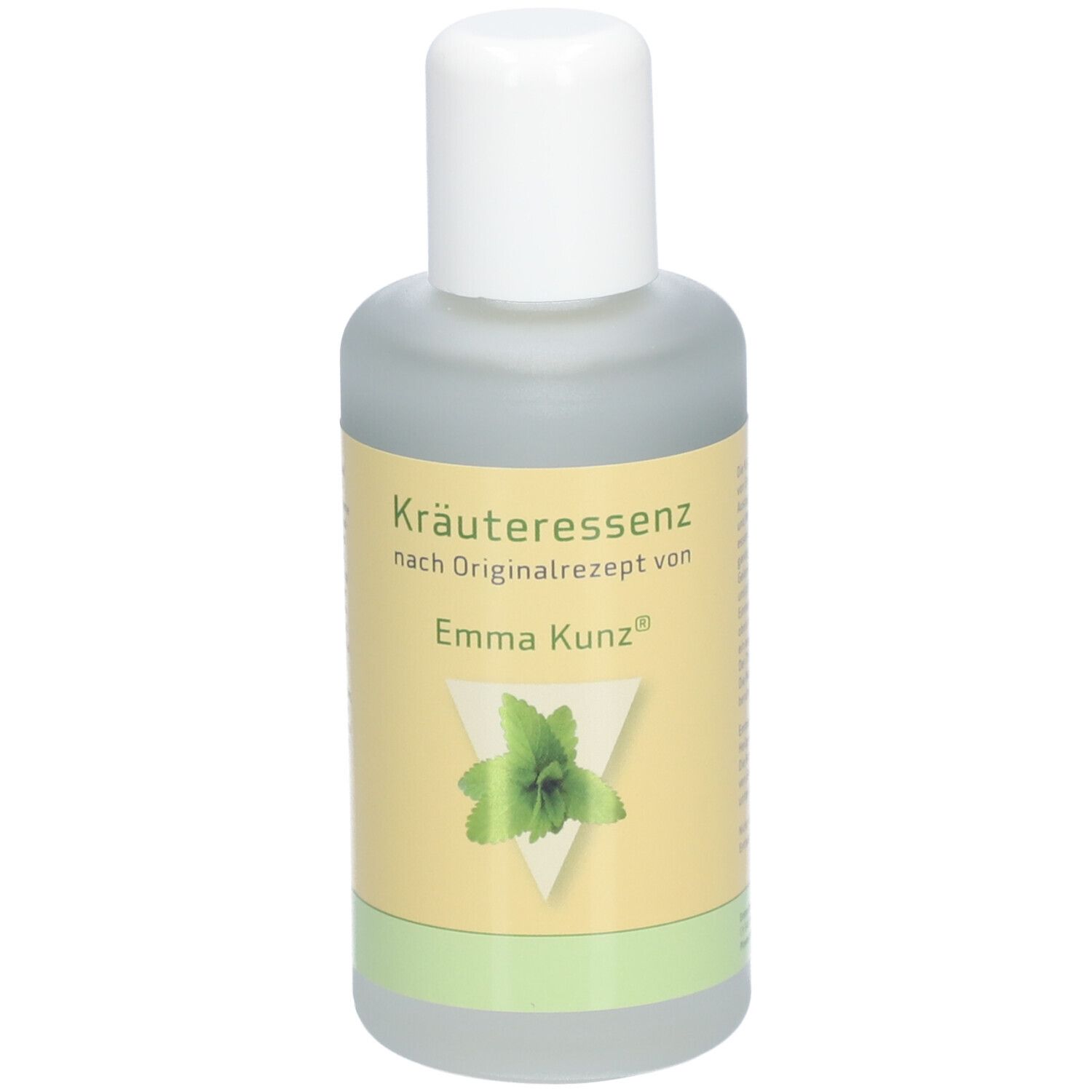 Flacon d'essence végétale. Bouchon blanc, étiquette jaune avec texte et logo. Base verte.