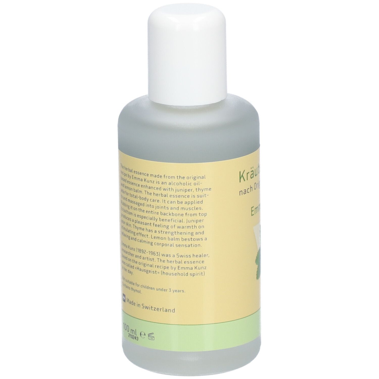 Flacon d'essence végétale. Dos avec texte. Bouchon blanc, étiquette jaune, base verte.