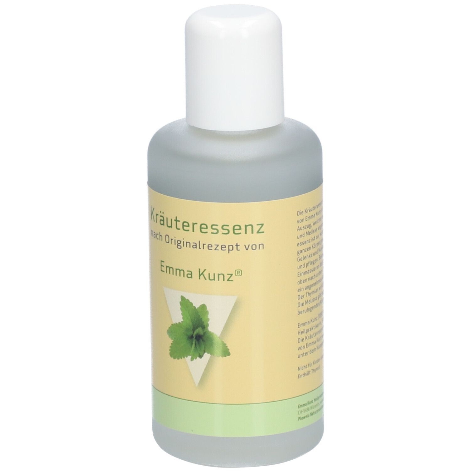Flacon d'essence végétale. Bouchon blanc, étiquette jaune avec texte et logo. Base verte.