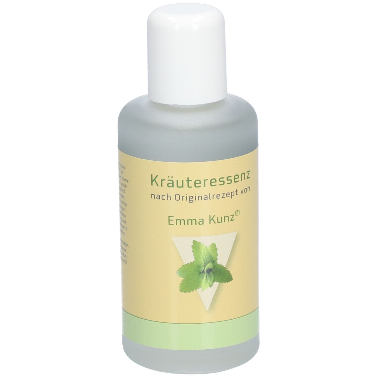 Flacon d'essence végétale. Bouchon blanc, étiquette jaune avec texte et logo. Base verte.